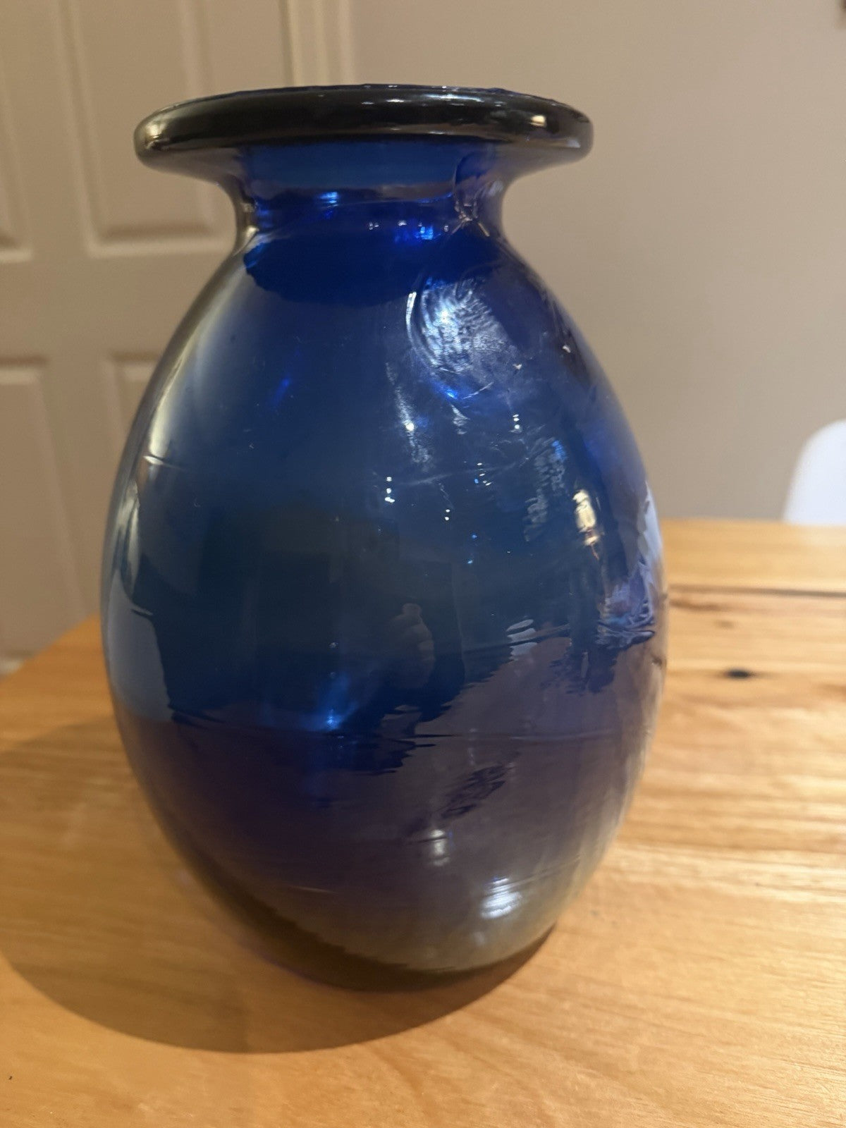 Vintage Cobalt Blue Hand Blown Art Glass Vase Heavy 2.54kg 25cm Rolled Rim