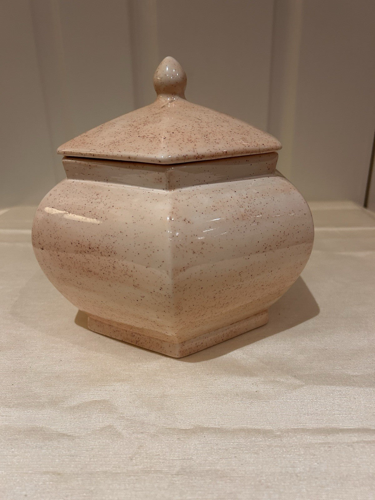 Signed Studio Pottery Lidded Jar Speckled Glaze Hexagonal Form Vintage