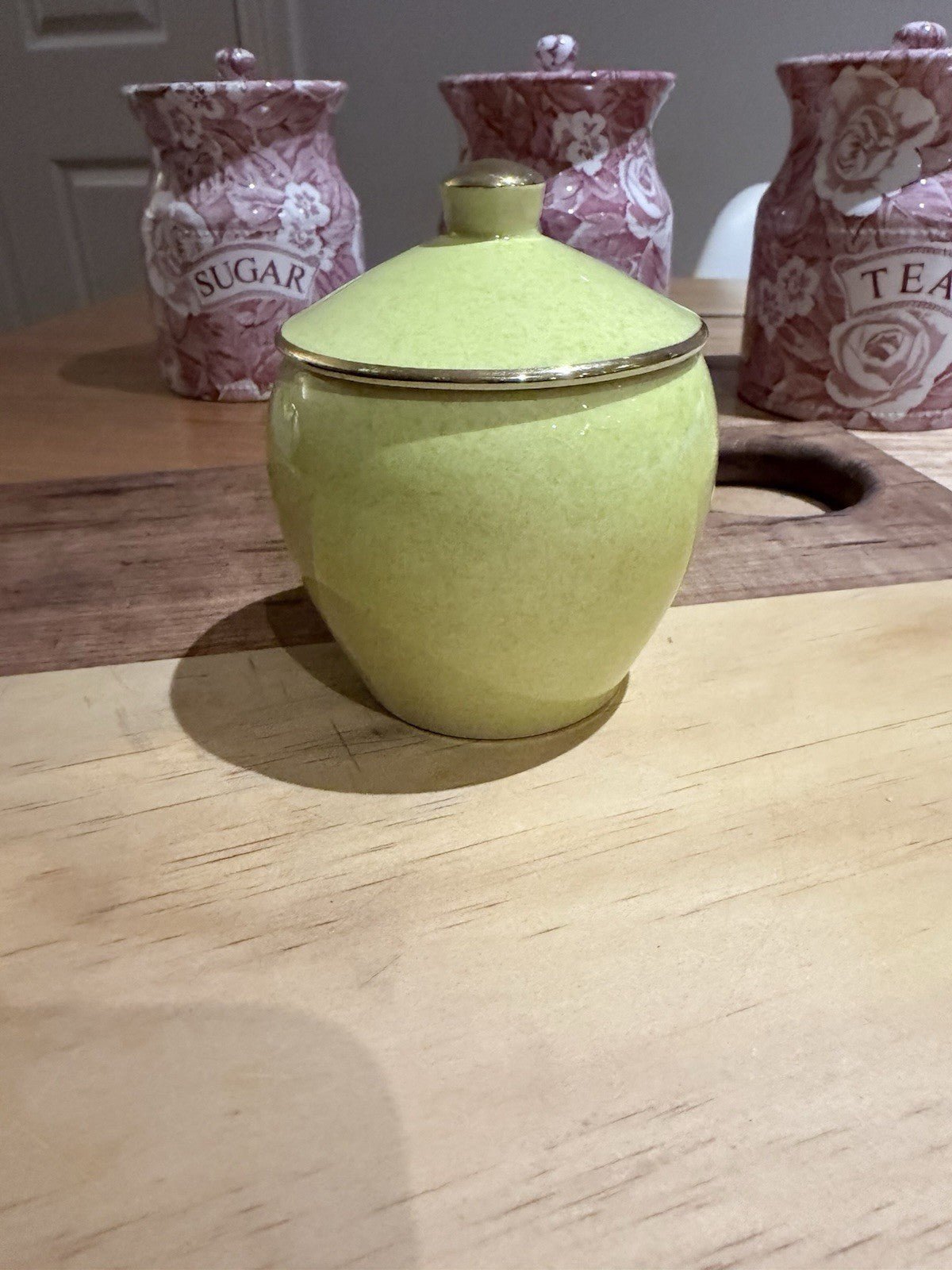 Royal Winton Grimwades Green Sugar Bowl w Lid England Vintage Gold Trim