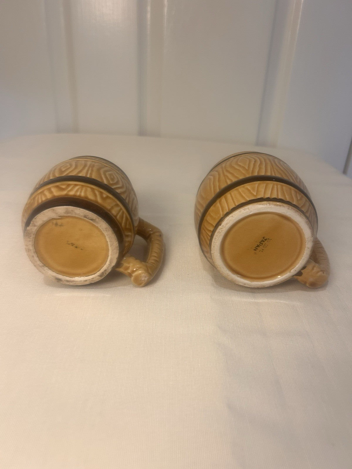 Vintage BARREL Mugs Pair – Japan Woodgrain Beer/Coffee Cups – 8cm & 9cm