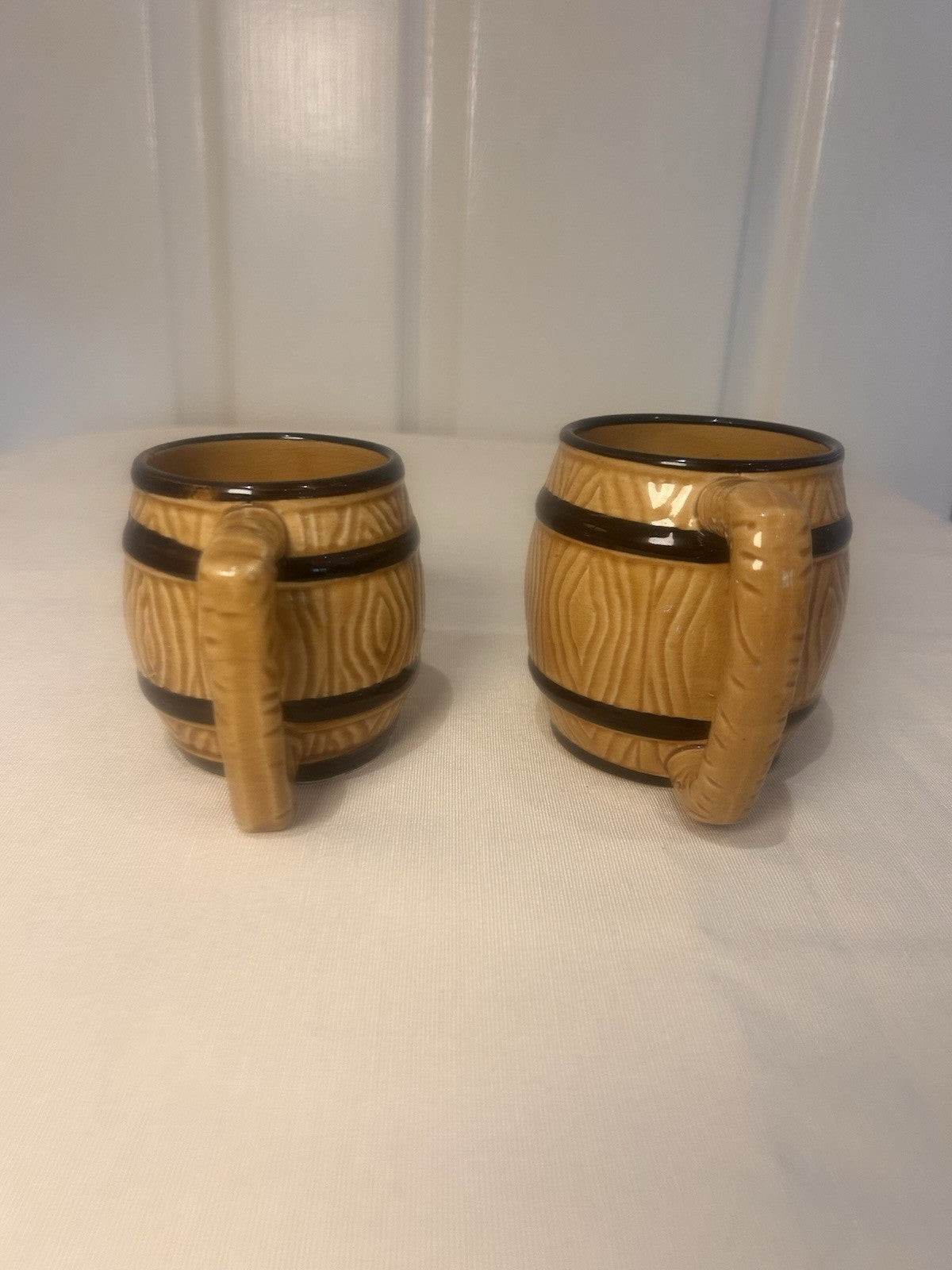 Vintage BARREL Mugs Pair – Japan Woodgrain Beer/Coffee Cups – 8cm & 9cm