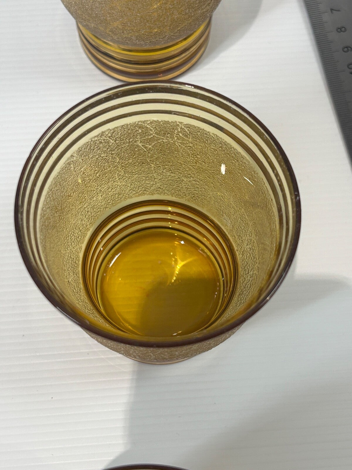 Vintage Amber Glass Lemonade Set – Textured Gold Bands – Jug & 5 Tumblers Retro