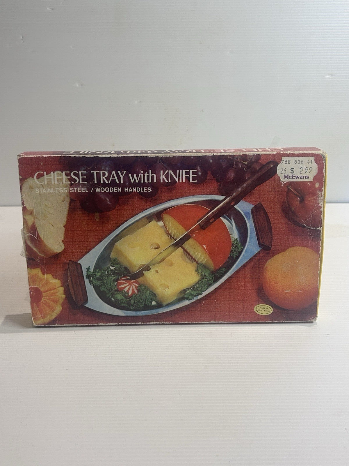 Vintage Cheese Tray & Knife Set Boxed Stainless Steel Wooden Handles Retro