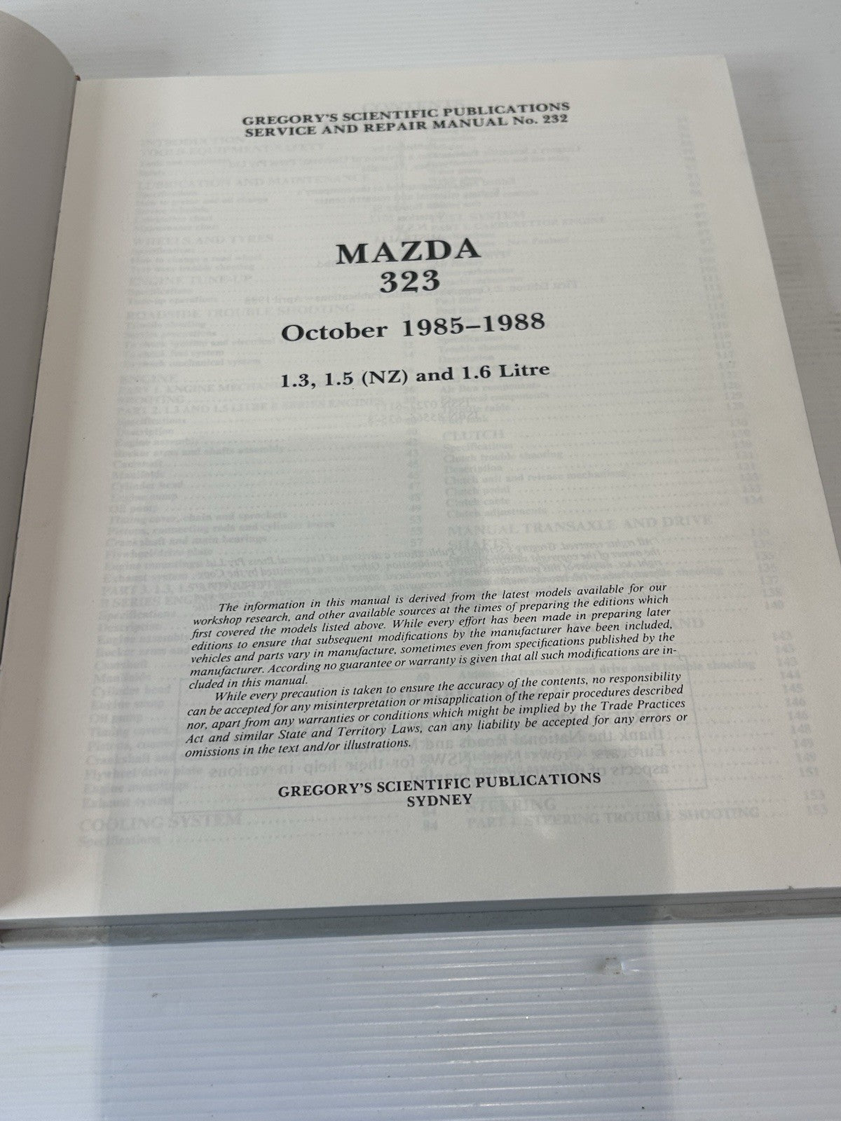 Mazda 323 1985–1988 Gregory’s Service & Repair Manual No 232 1st Ed 1988