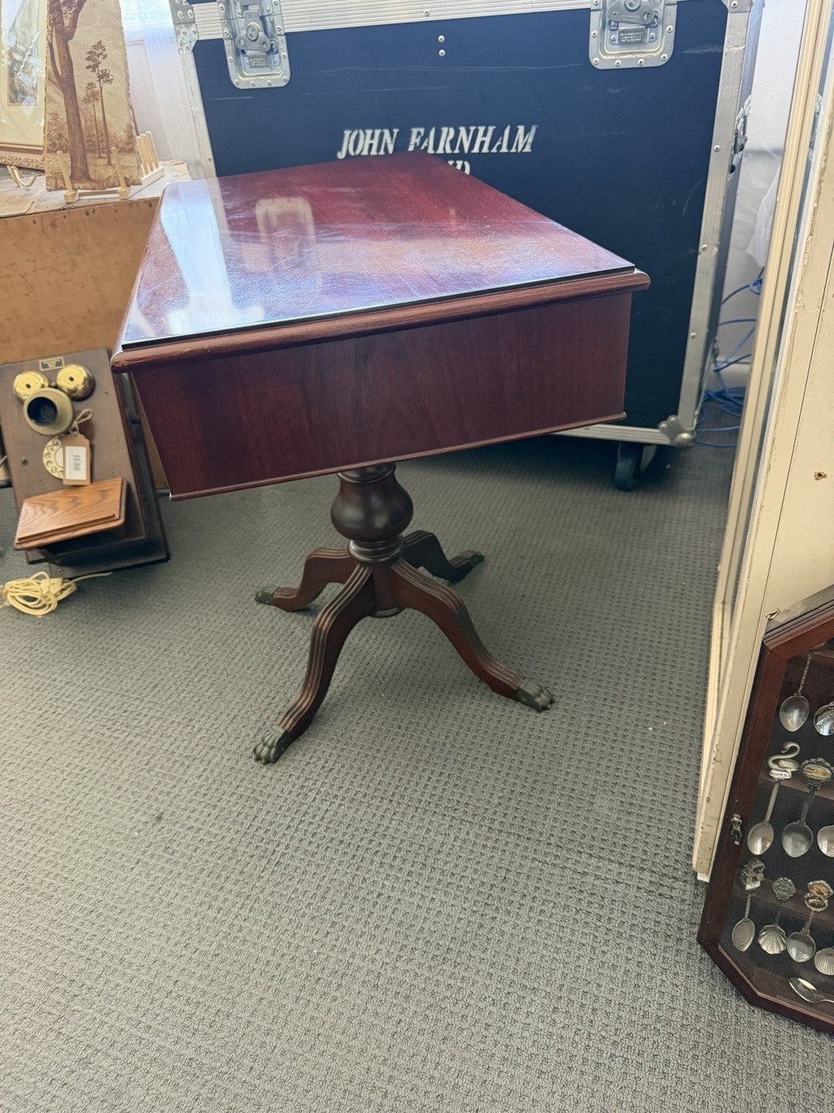 Vintage 1978 W F Hamilton Mahogany Pedestal Hall Console Table Brass Paw Feet