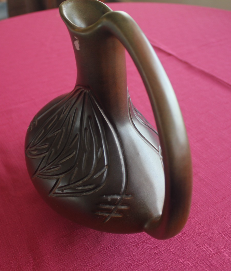 Vintage Studio Pottery Jug – Carved Leaf Motif | Mid-Century Modern