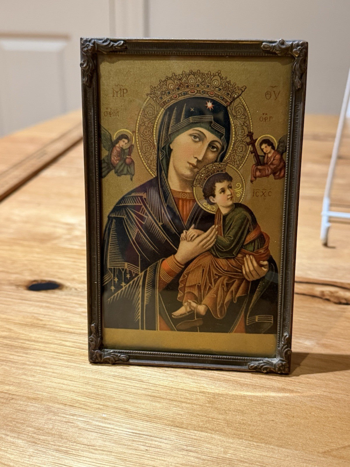 Vintage Swiss Our Lady of Perpetual Help Framed Icon Print c1930s Embossed