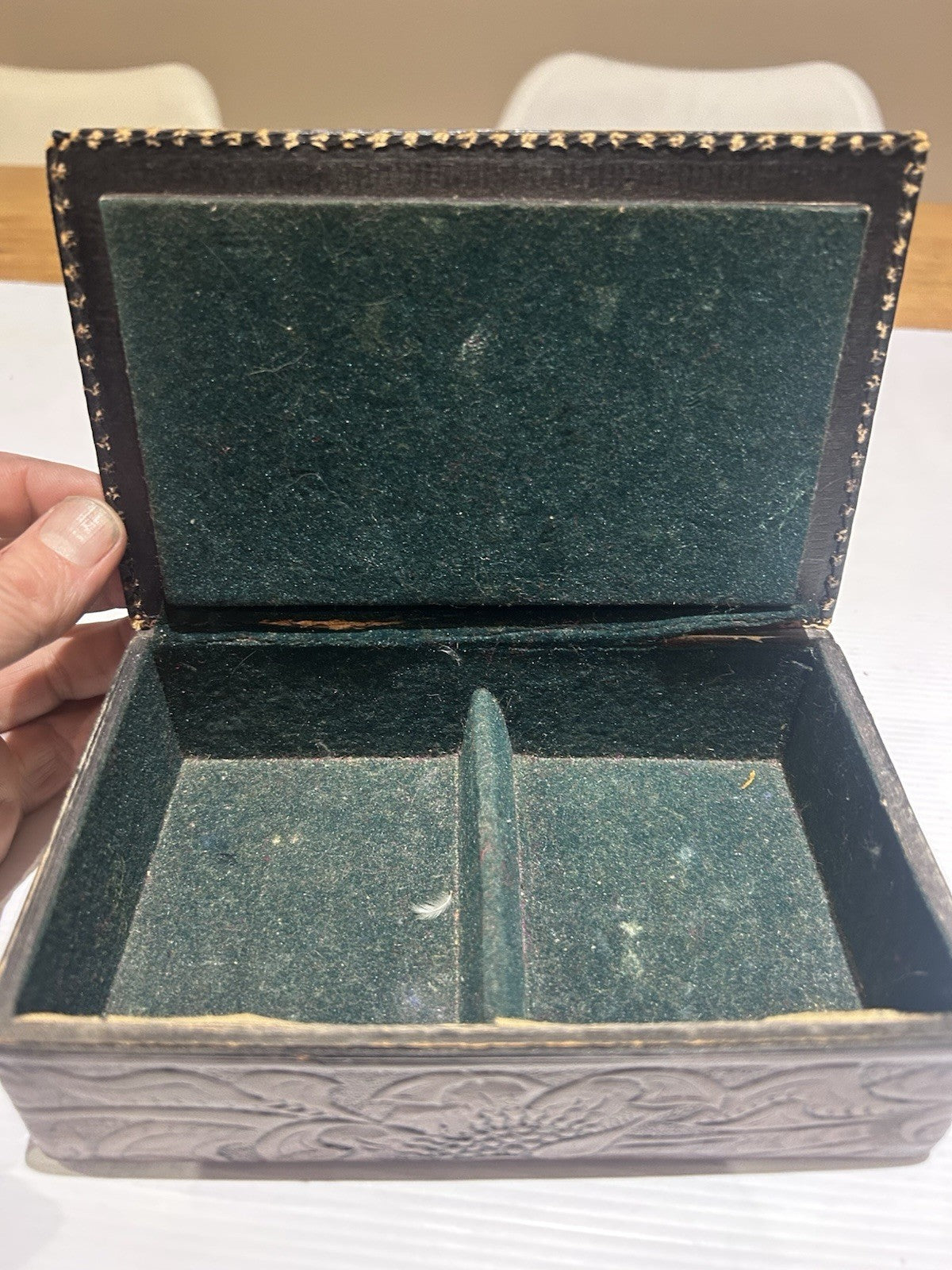 Vintage Handcrafted Leather Box by Konev NZ – Tooled Design, Lined Interior
