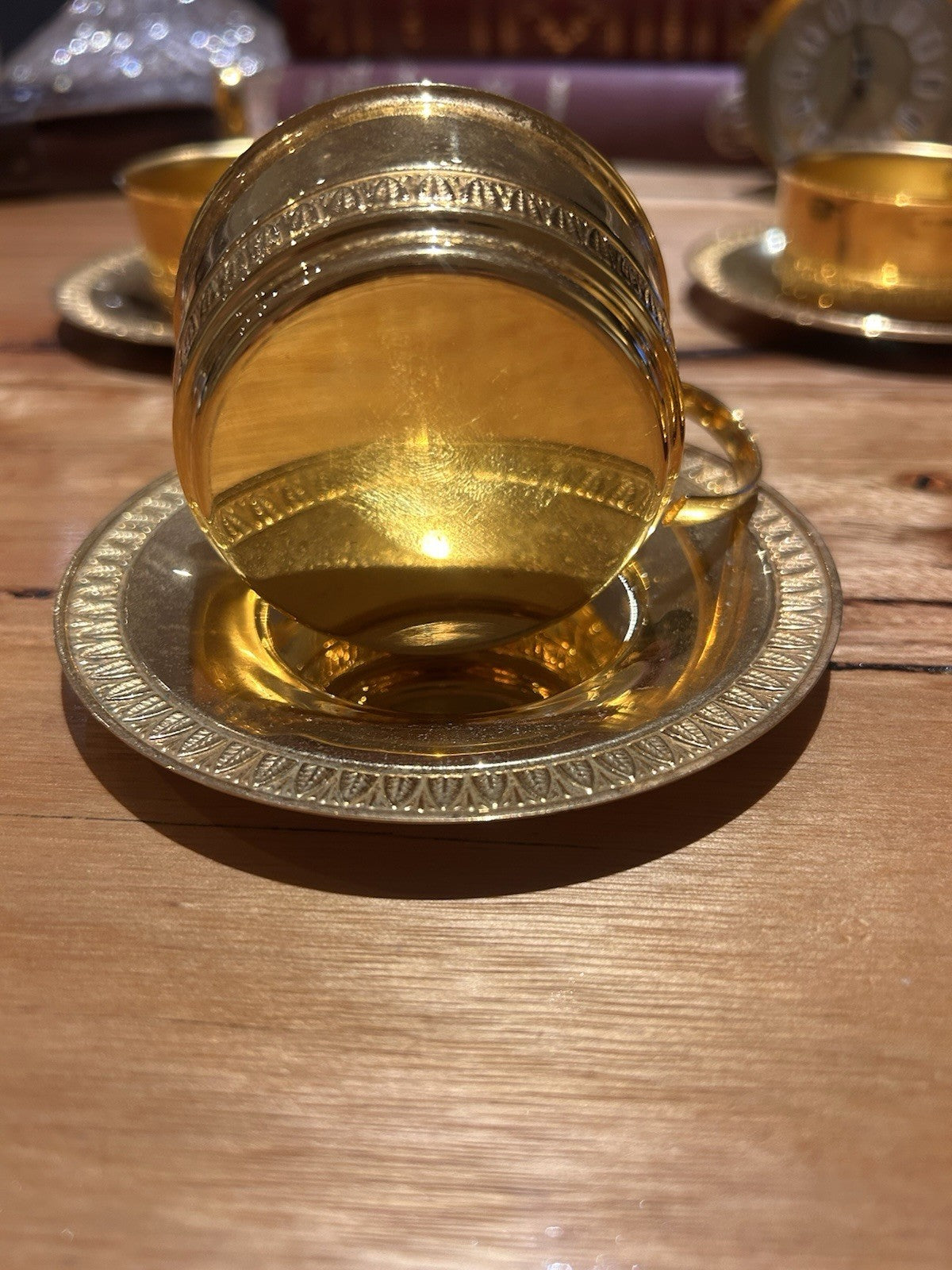 Vintage Gold Tone Aluminium Espresso Cups & Saucers Set 4 Retro Coffee