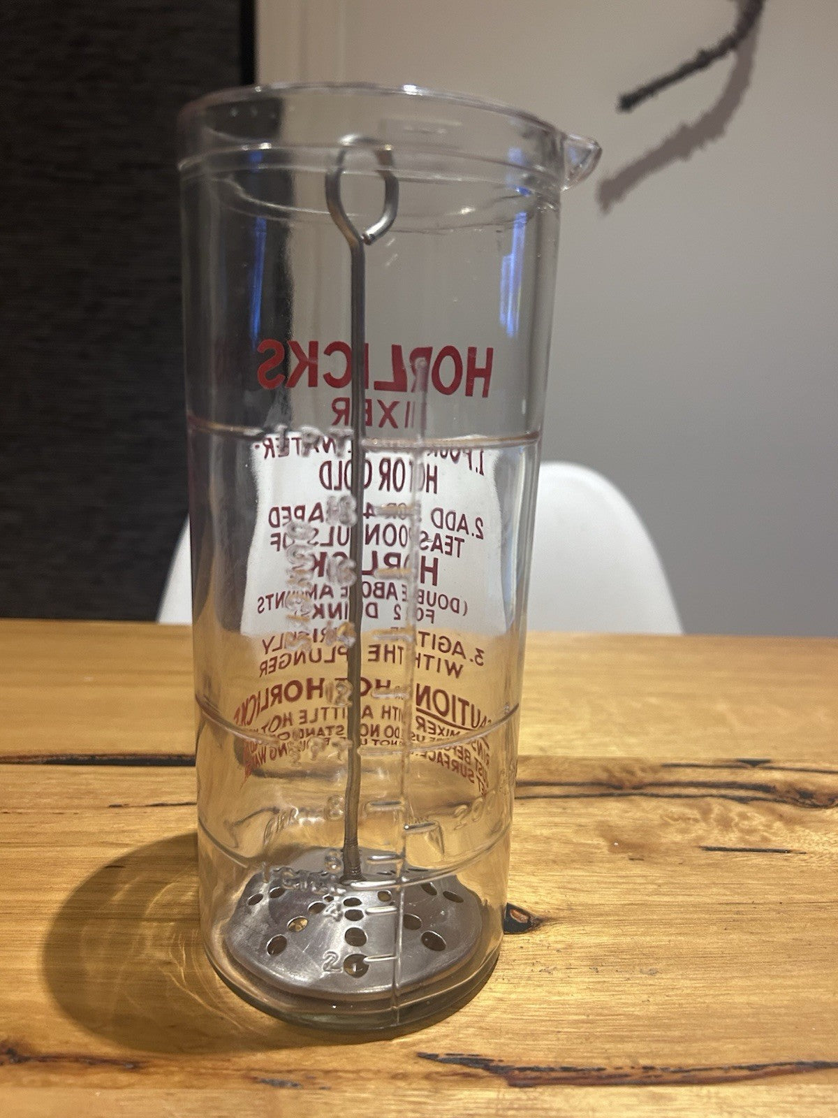 Rare Horlicks Mixer Glass w/ Full Text & Plunger 8oz Made in England c1950s