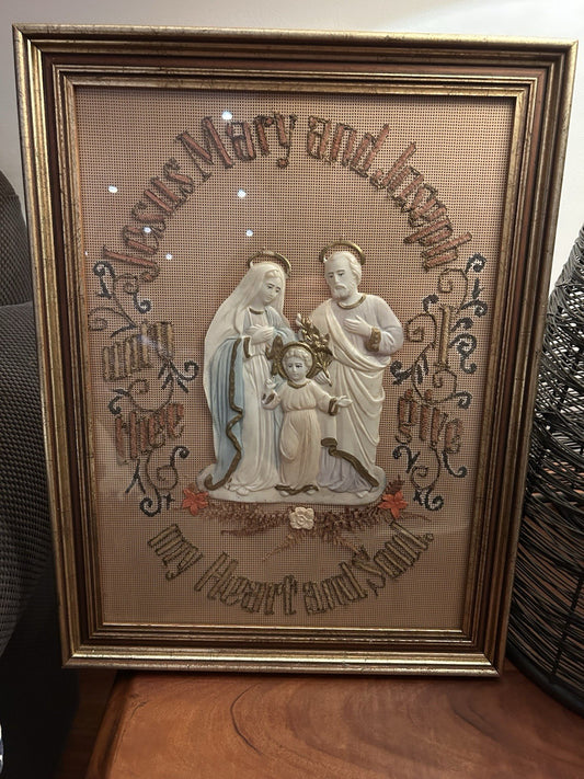 Vintage Holy Family Religious Wall Plaque Framed Catholic 3D Relief 44cm
