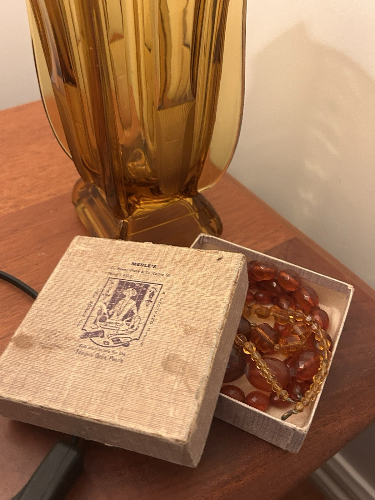 Vintage Amber Glass Necklace Set x3 w Merle’s Melbourne Jewellery Box c1950