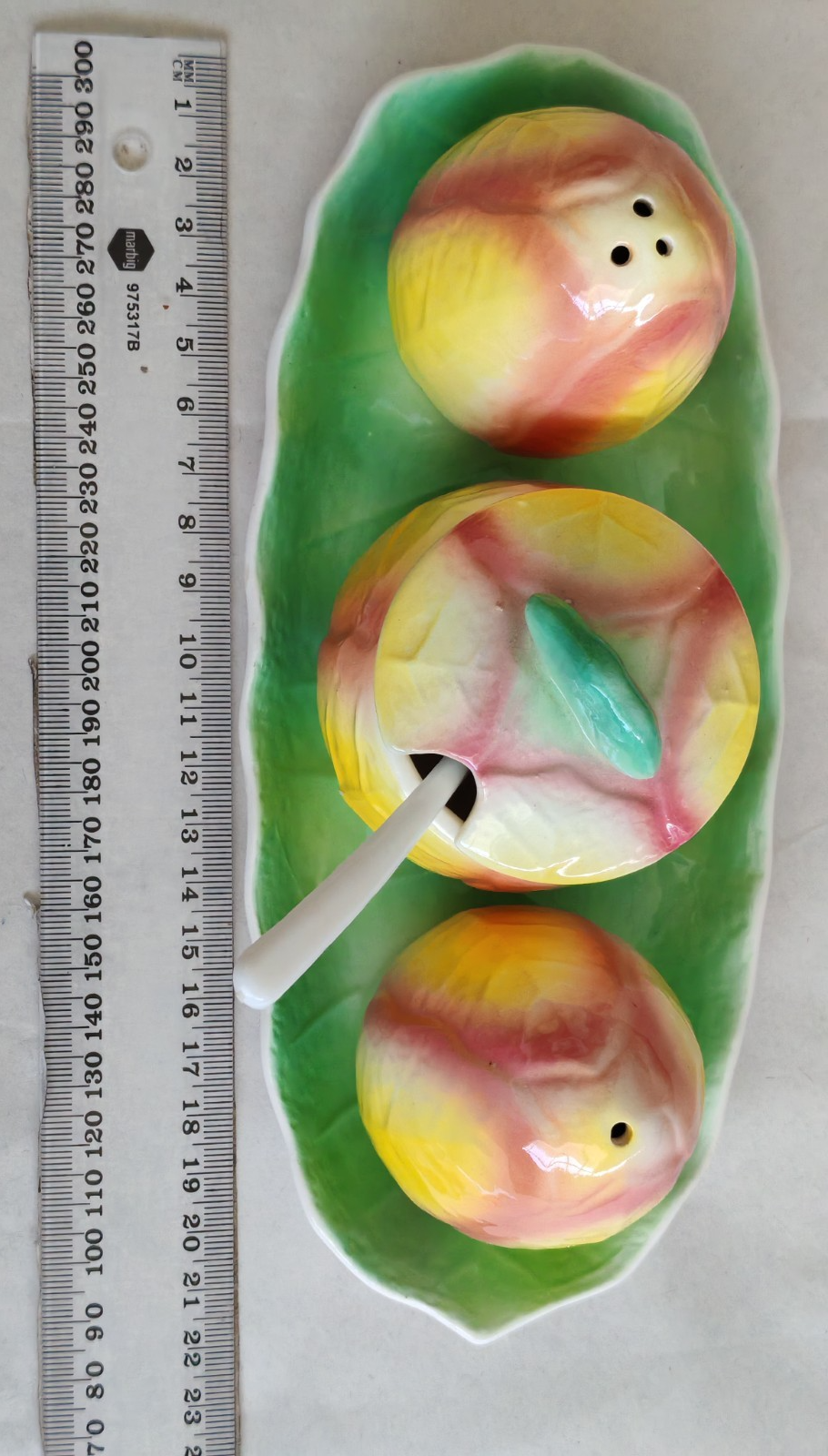 Vintage Japanese Peach Cruet Set on Leaf Tray – Salt, Pepper & Jam