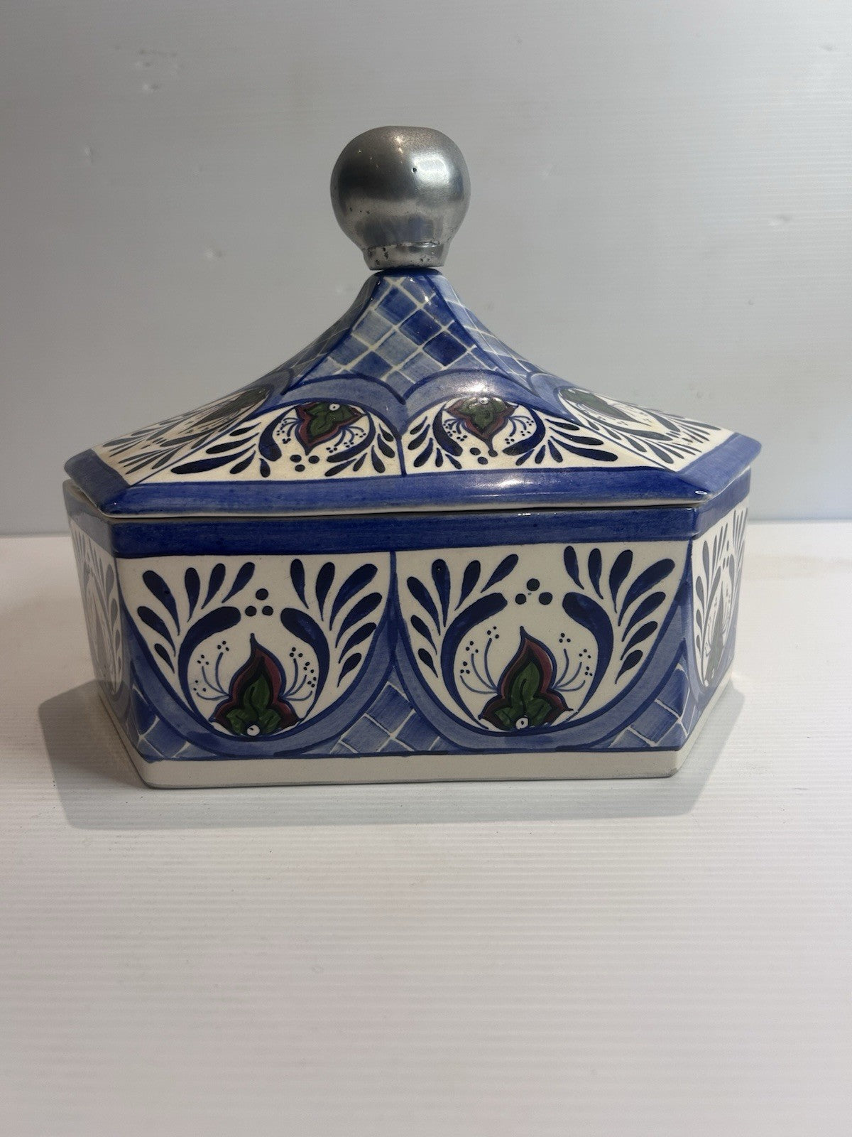 Mexican Talavera Hexagonal Lidded Pot BMT Regalos Blue Folk Art CT-08