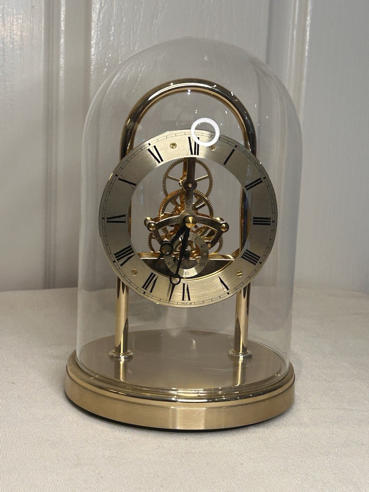 Seiko Quartz Skeleton Mantel Clock QAW101G Brass & Glass Dome Japan Vintage