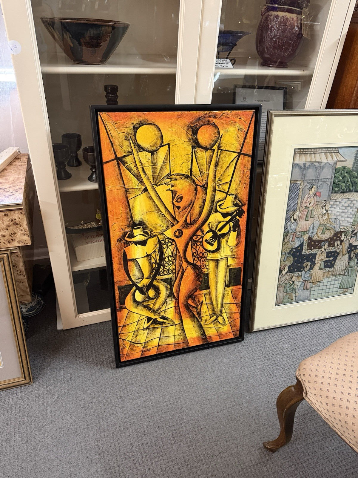Original Signed Abstract Cubist Musicians Painting 1995 Framed Canvas 94x54cm