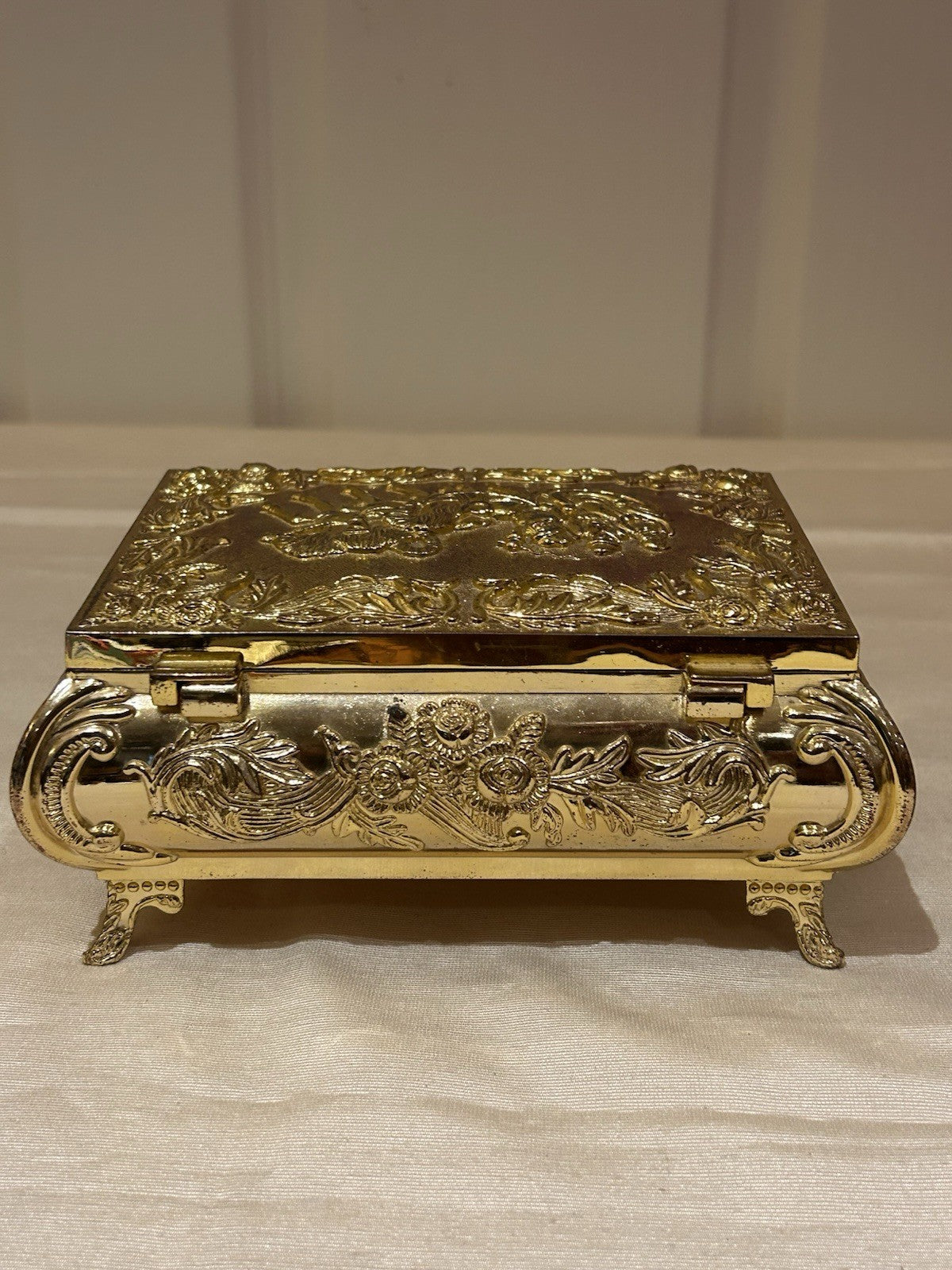 Ornate Gold Tone Metal Jewellery Casket Velvet Lined Footed Trinket Box