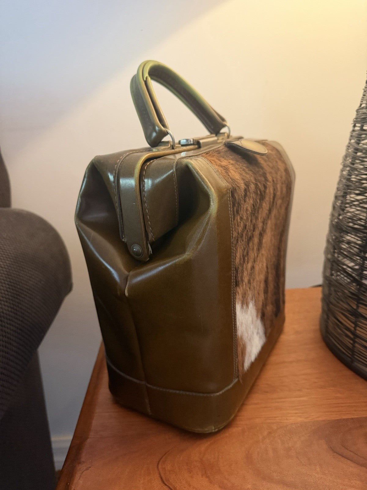 Vintage GOLD PFEIL Steer Hide Cowhide Doctor Bag Handbag Germany 1960s