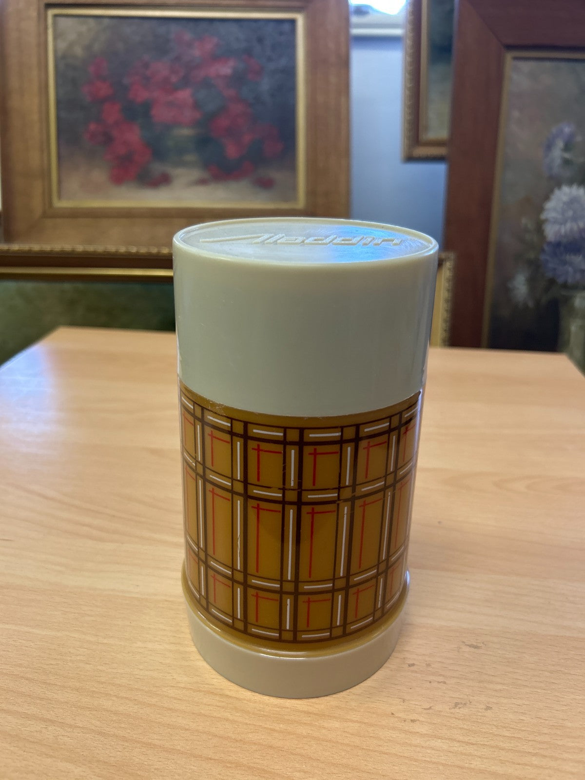 Vintage Aladdin Vacuum Food Jar Thermos 425ml Canada 1970s Mod Plaid