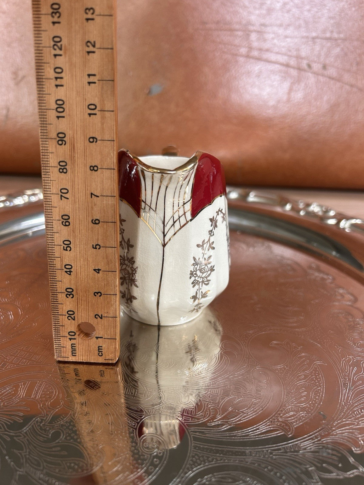 Sadler England Small Cream Jug Red & Gold Floral Art Deco Style 8cm Pottery
