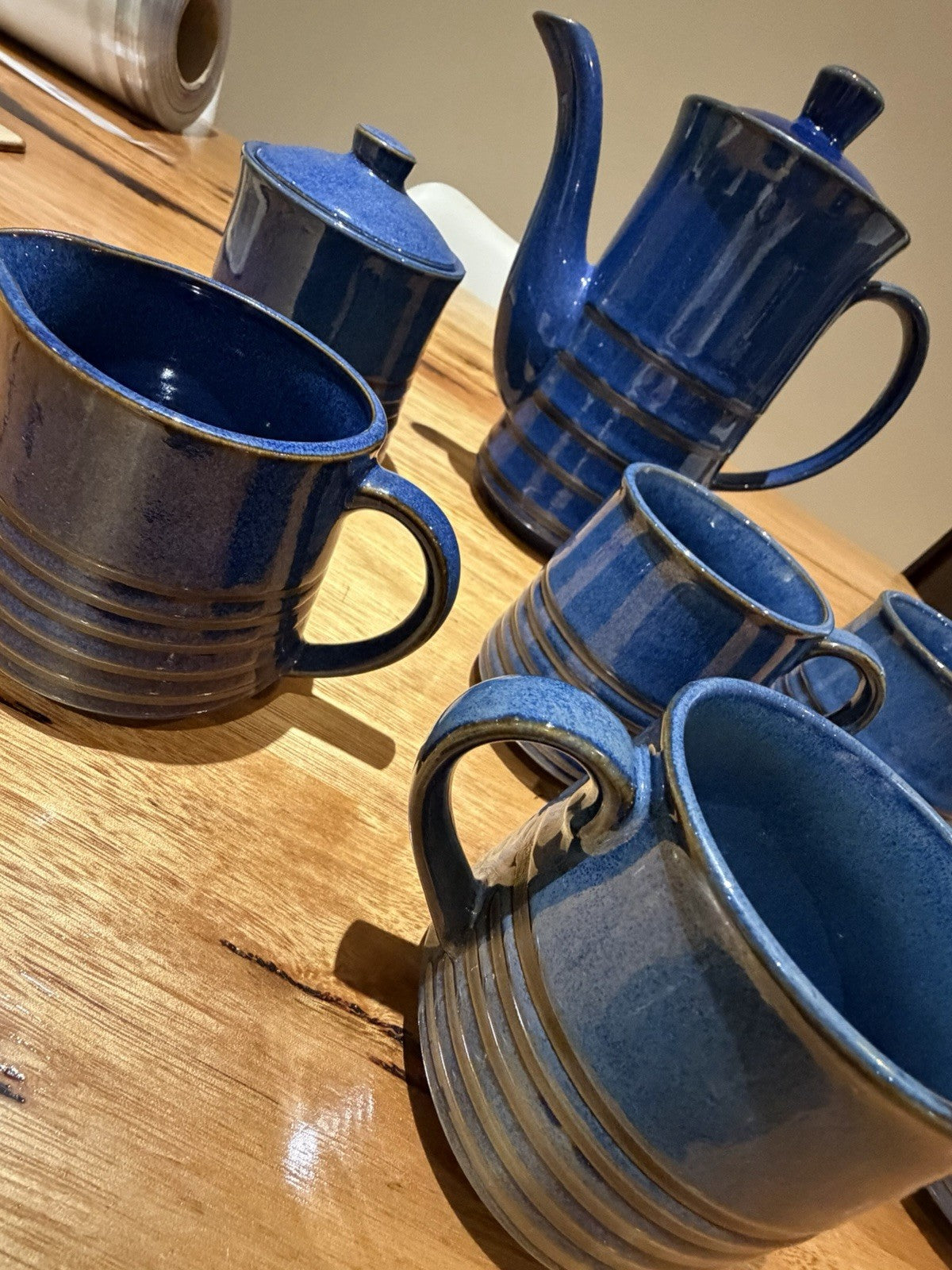 Mid Century Japanese Blue Pottery Coffee Set Teapot Mugs Creamer 1960s 7pc
