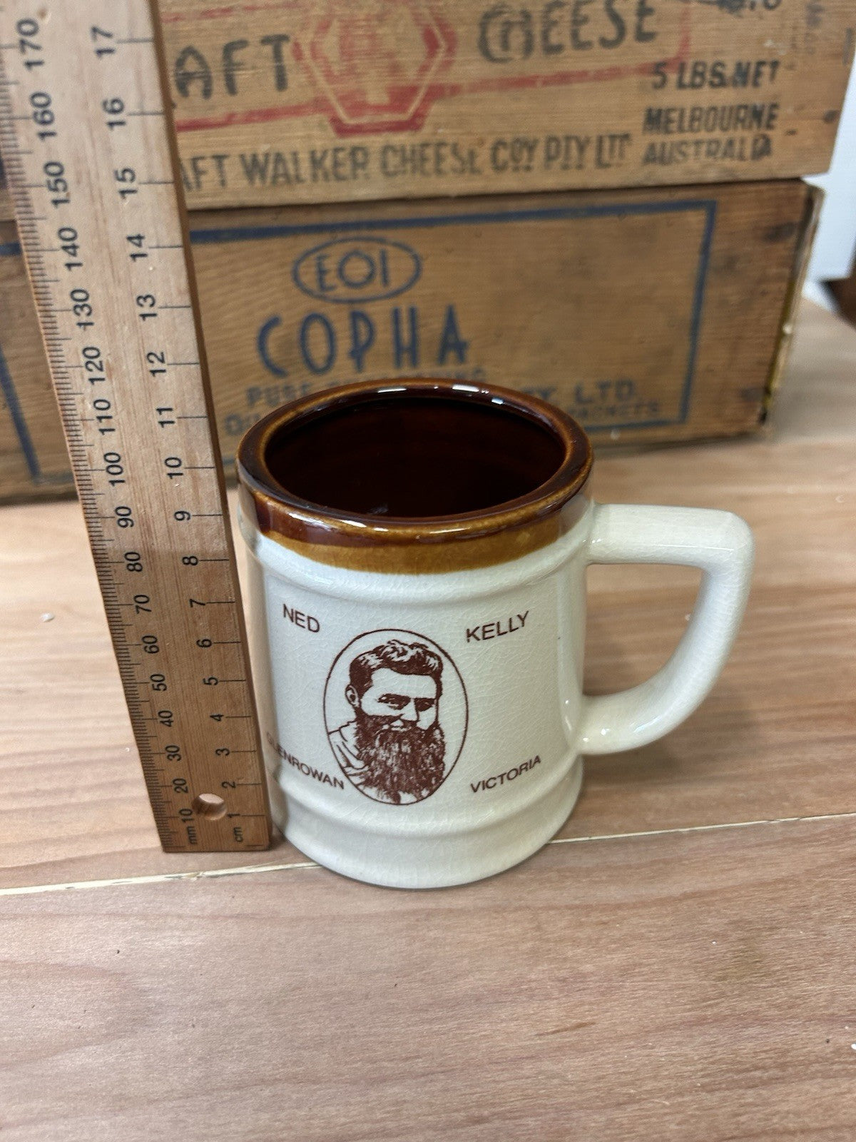 Ned Kelly Mug Glenrowan Victoria 1980s Pottery Brown Rim Gaol Quote