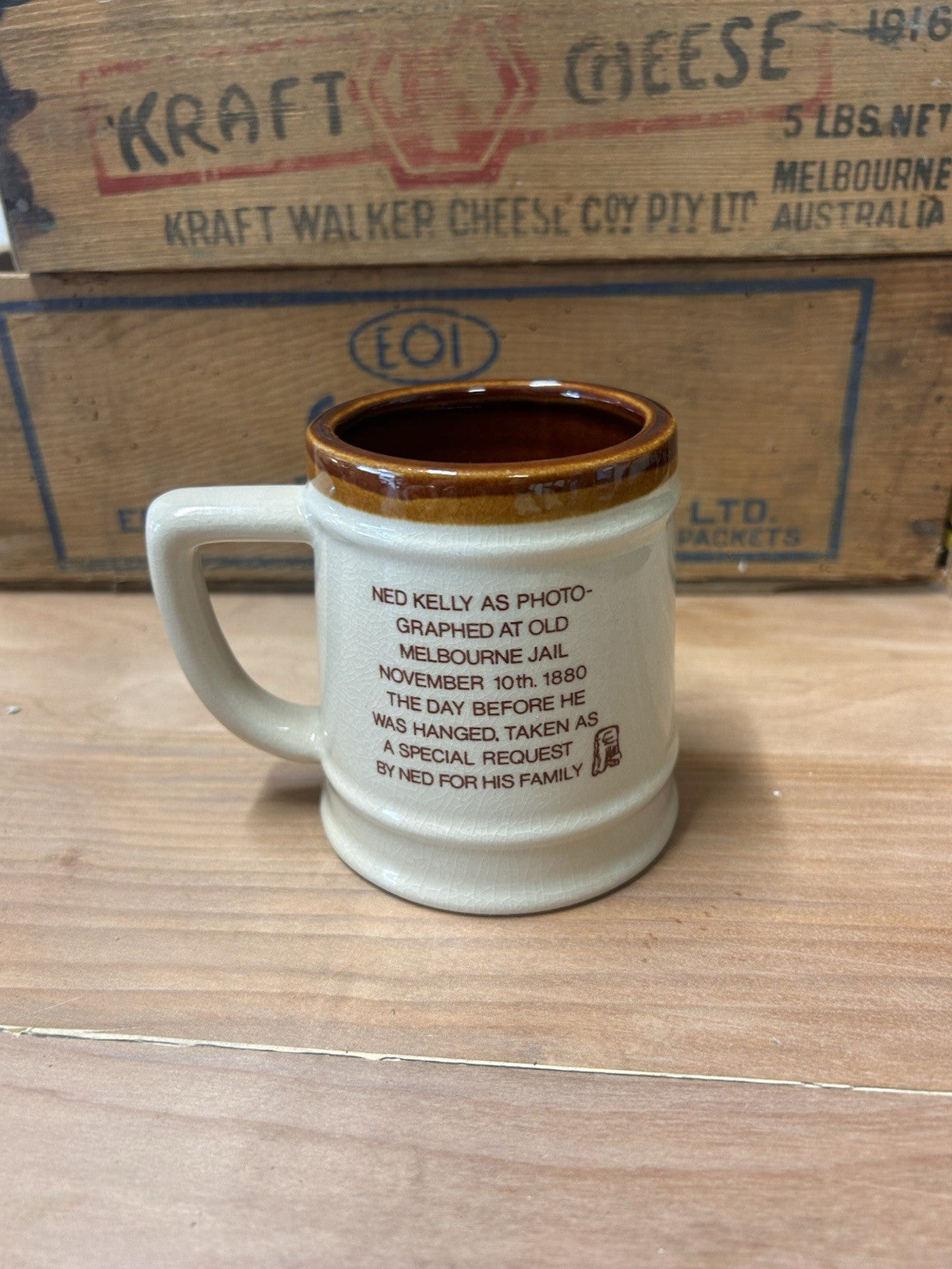 Ned Kelly Mug Glenrowan Victoria 1980s Pottery Brown Rim Gaol Quote