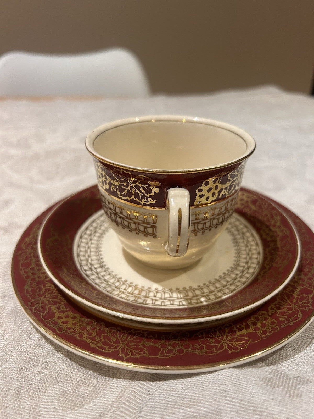 John Maddock & Sons English Cup Saucer Plate Trio Burgundy Gilt Tea Set