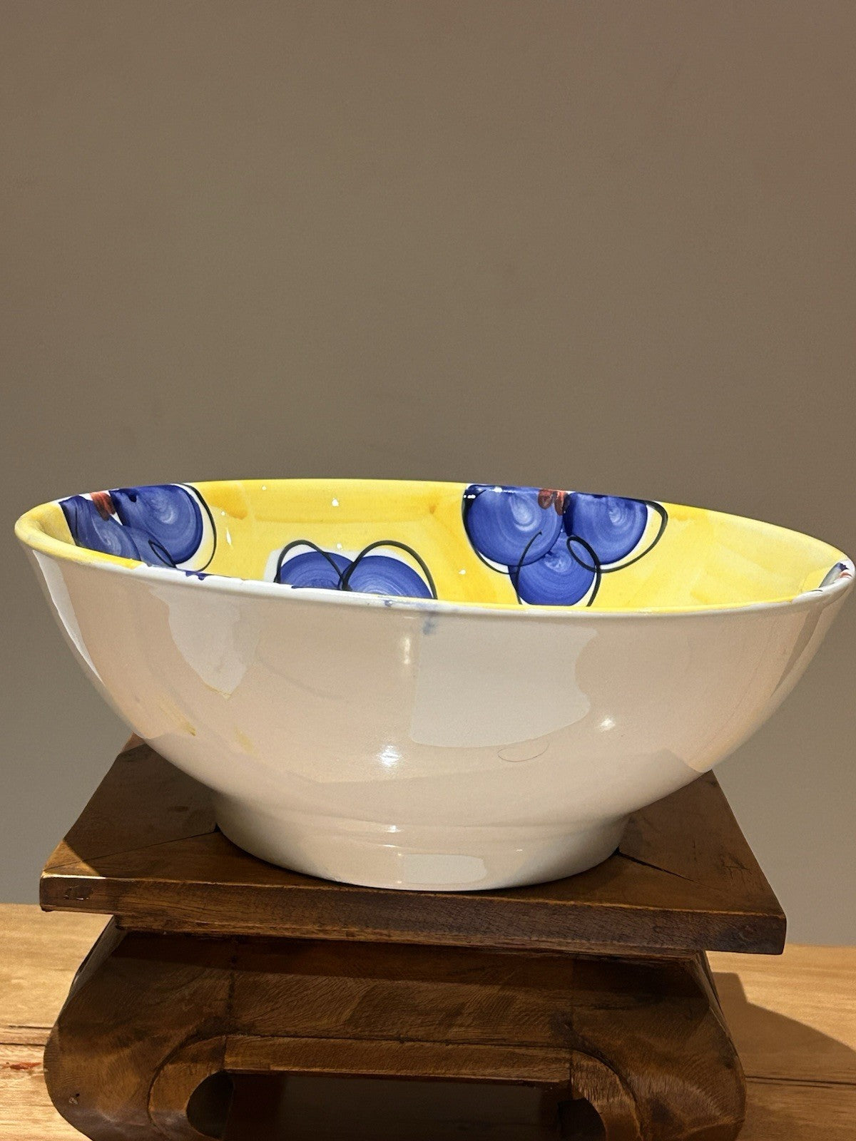 Italian Hand Painted Ceramic Bowl 29cm Deruta Style Yellow Blue Vintage