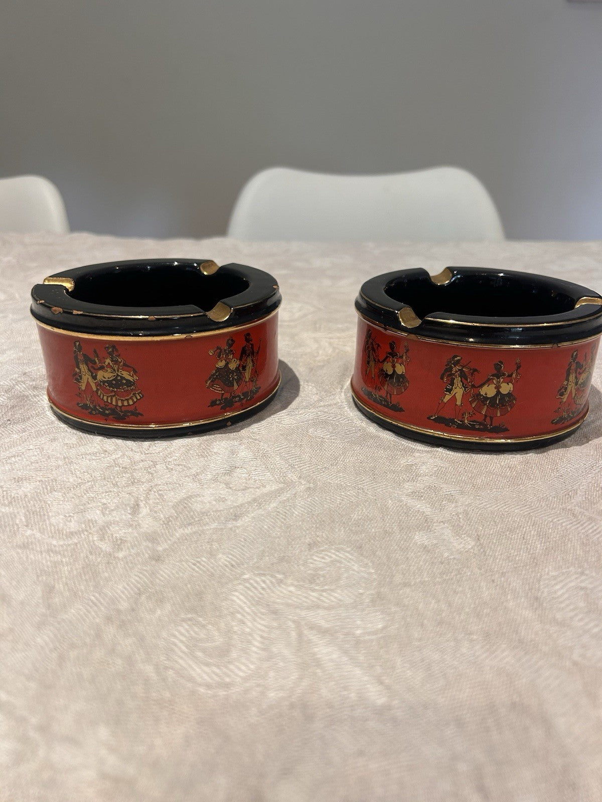 Vintage Italian Ceramiche Fiorentine Ashtrays Pair Red Black Gold c1950s 
