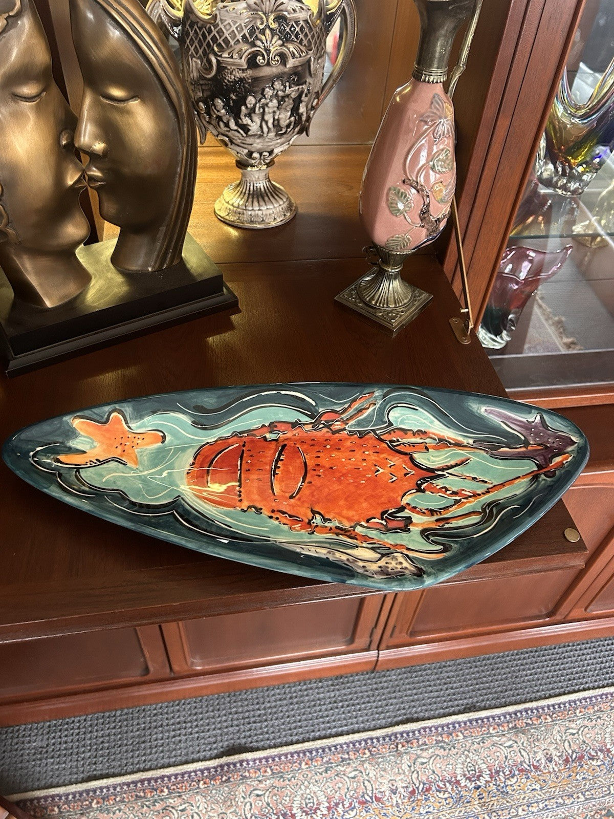 Signed Australian Studio Pottery Lobster Dish 50cm Hand Painted 
