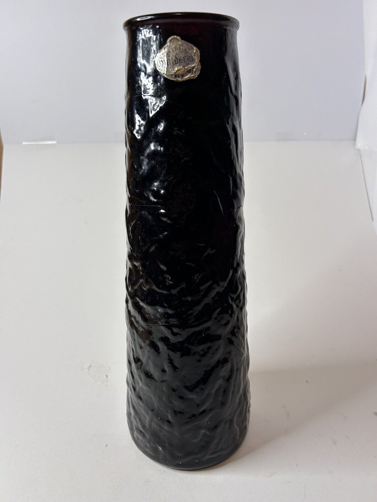 Vintage Guildcraft Italy Black Blown Glass Vase 12" ~ Has Cracks But Intact