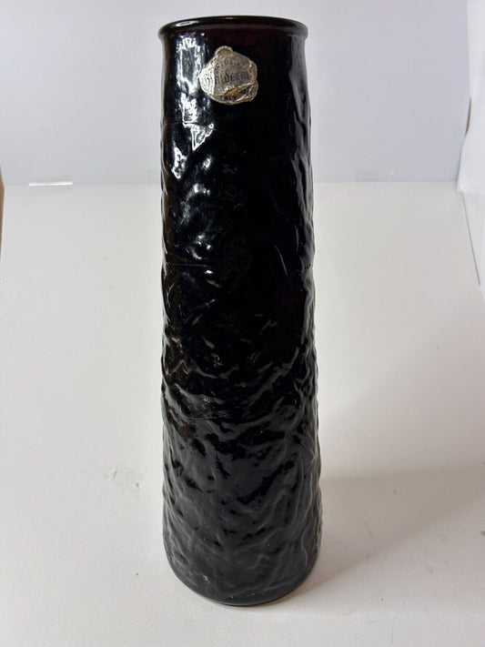 Vintage Guildcraft Italy Black Blown Glass Vase 12" ~ Has Cracks But Intact