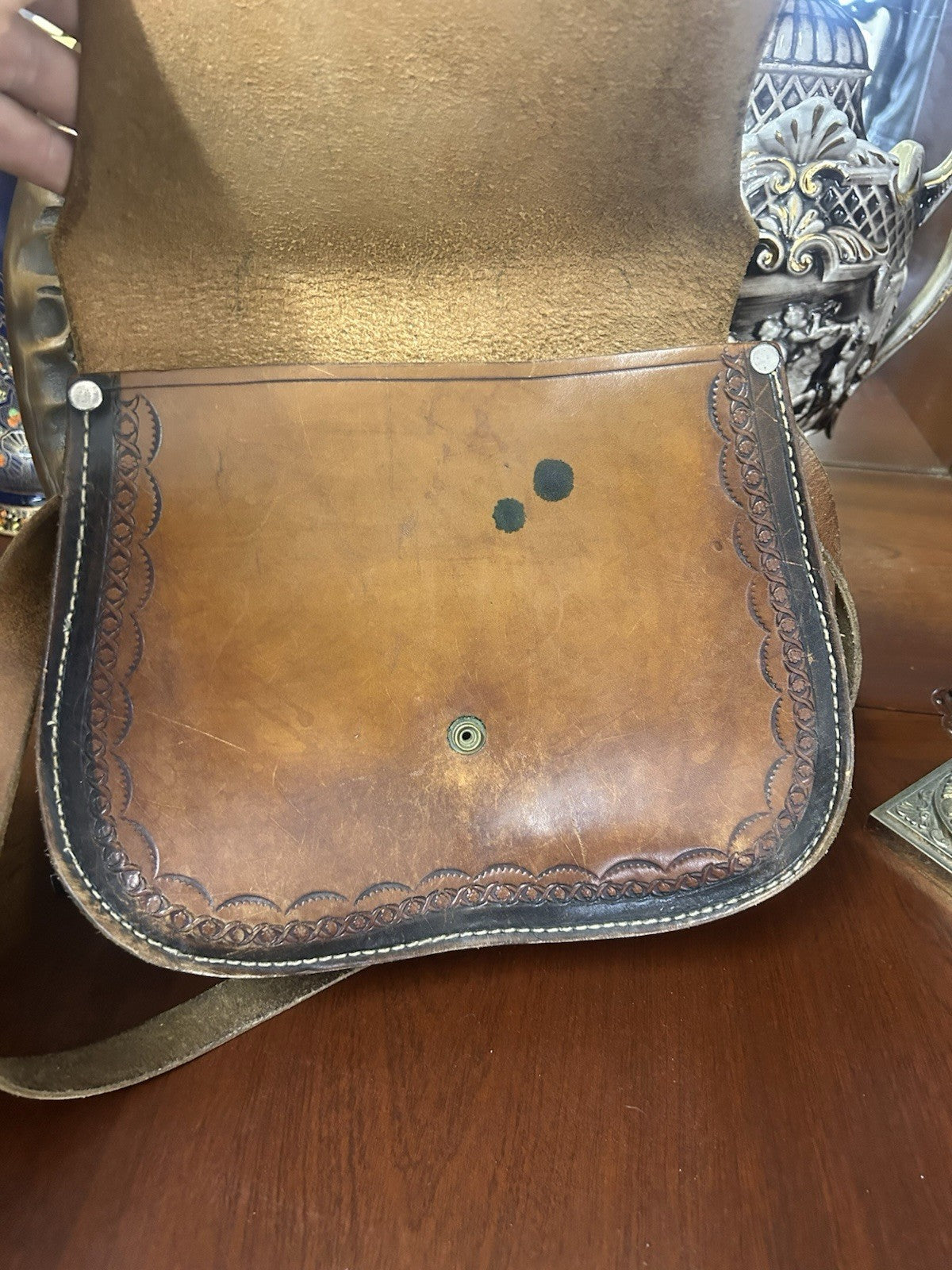 Vintage Tooled Leather Saddle Bag Crossbody Satchel Boho Western Brown