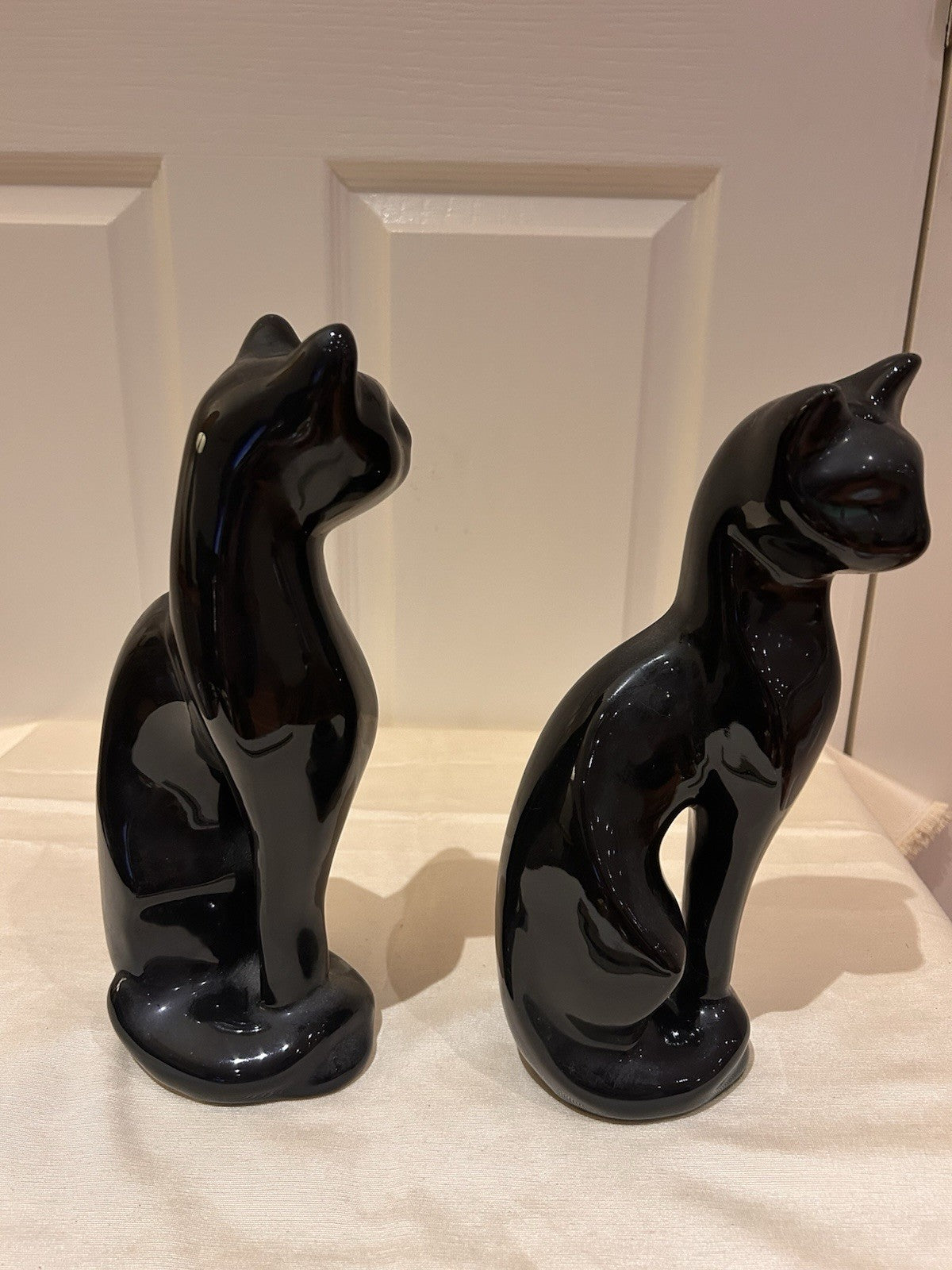 Vintage Pair Black Ceramic Cat Figurines Made in Taiwan 25cm Gloss Finish
