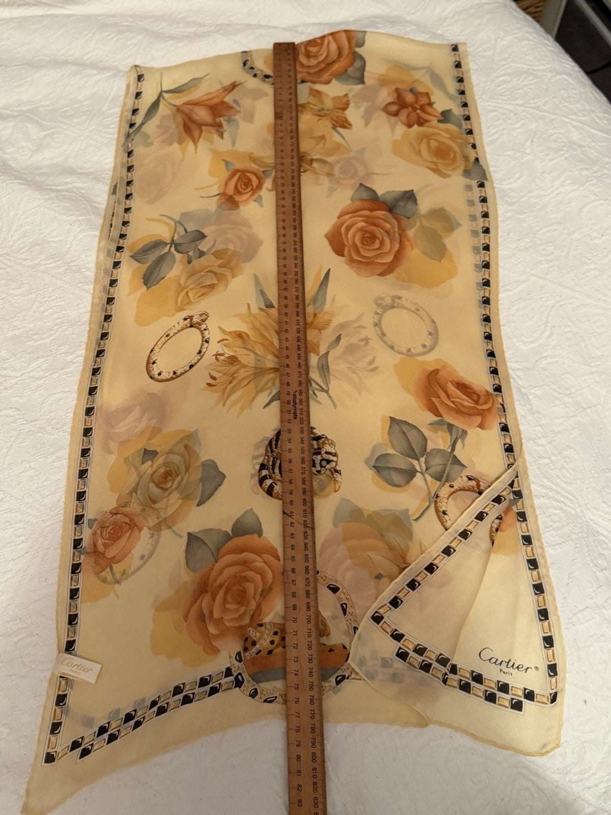 Vintage Cartier Paris Silk Scarf 162cm Panther Jewellery Roses Floral Stole