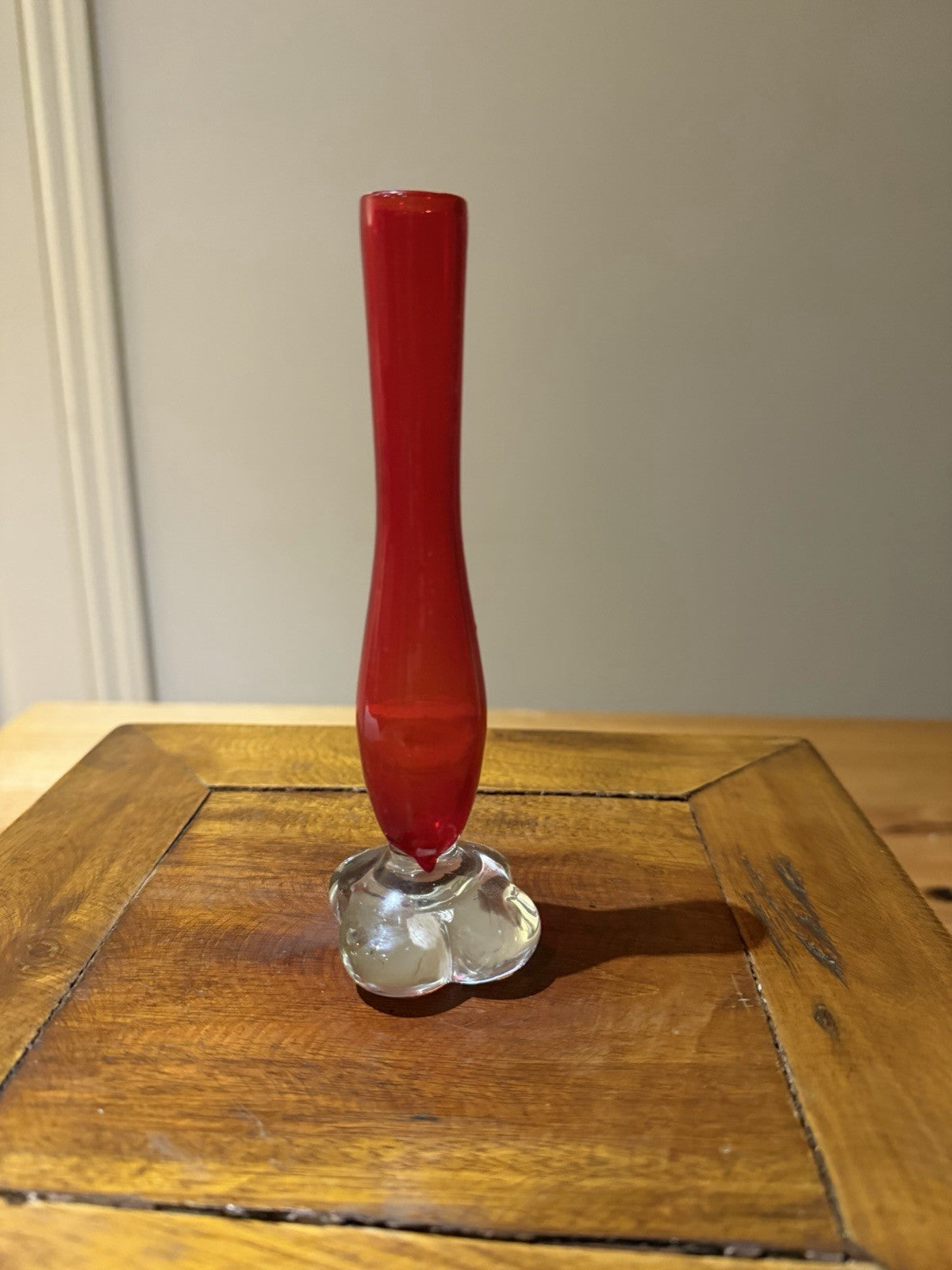 Vintage Red Art Glass Bud Vase Clear Sculptured Base 17cm Scandinavian Style