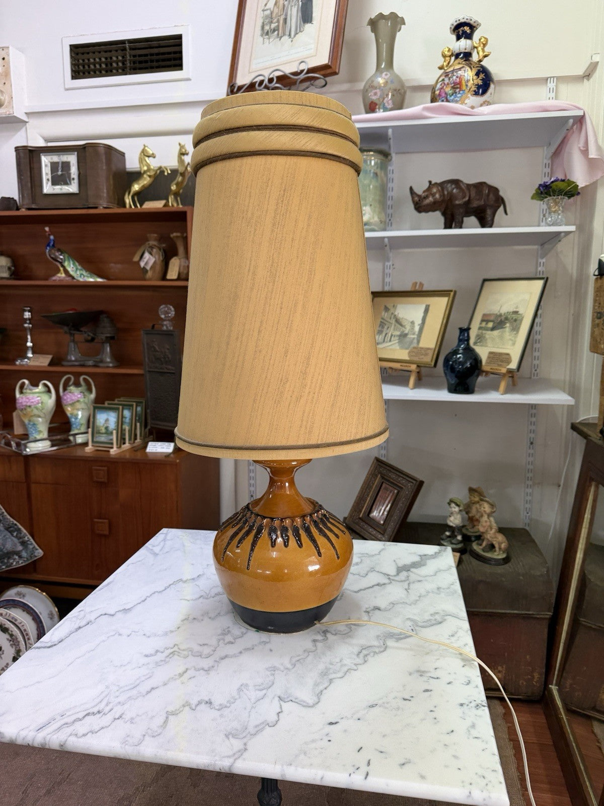 Vintage Large 1970s Ceramic Table Lamp Amber Drip Glaze 87cm Tagged Tested