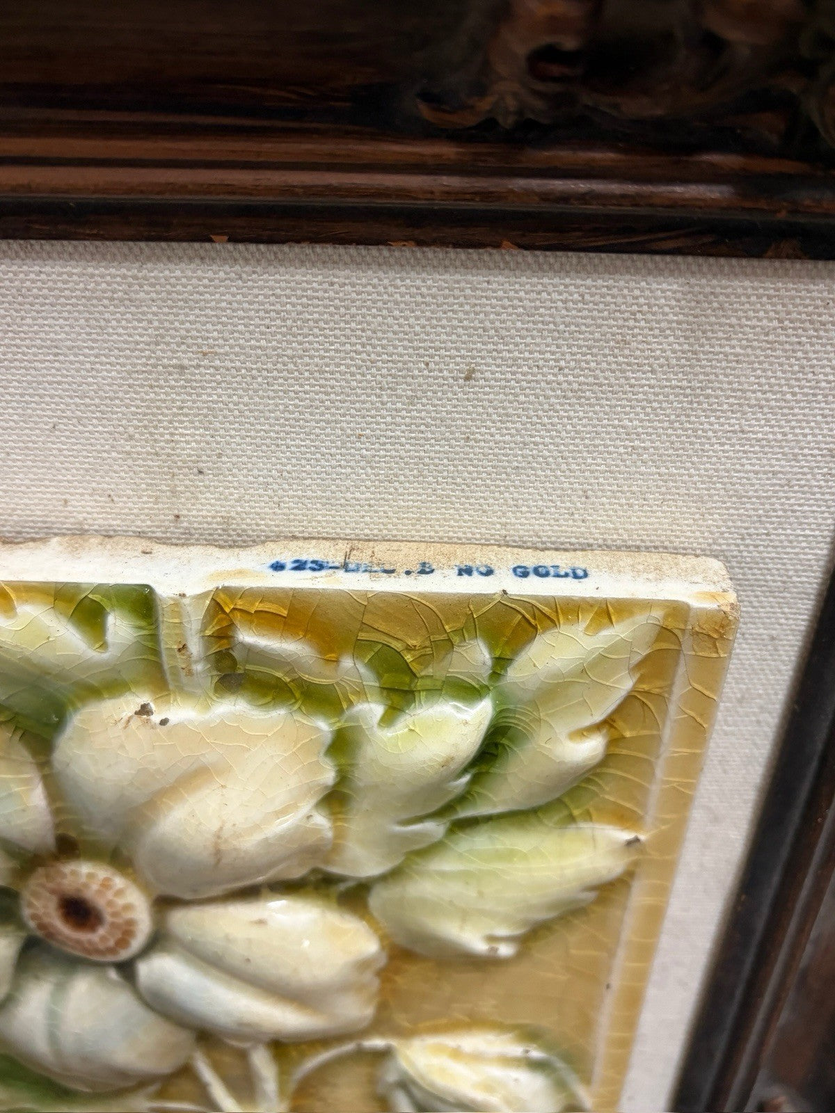 Vintage Art Nouveau Floral Majolica Relief Tile Framed Wall Art No Gold 31cm