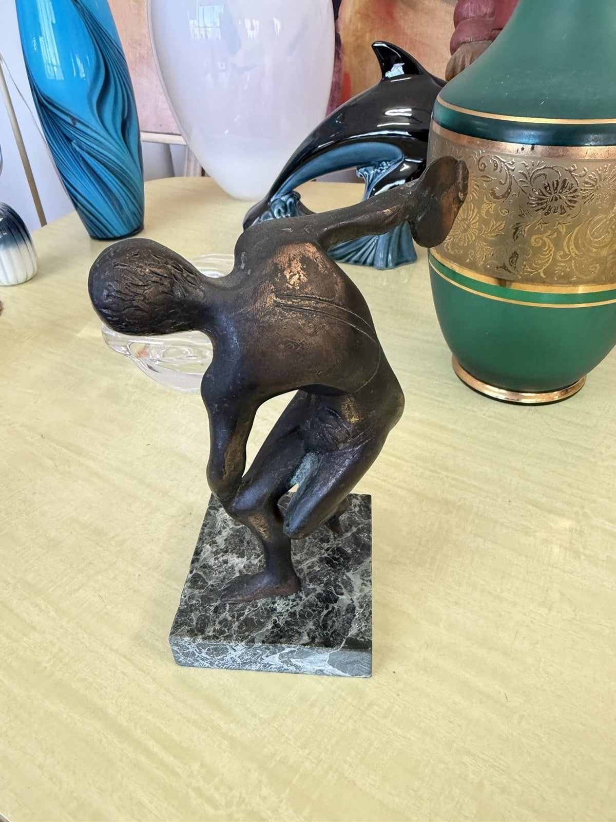 Vintage Bronze Discus Thrower Athlete Sculpture Marble Base Classical Figure
