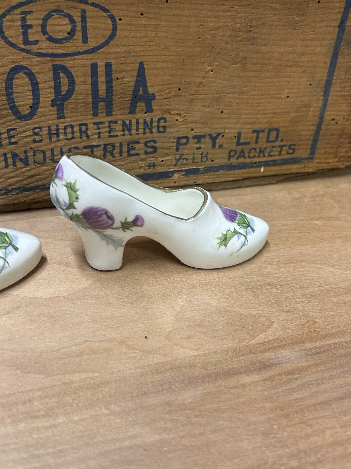 Set of 4 English Bone China Shoe Vases – Thistle Design, Vintage Collectible