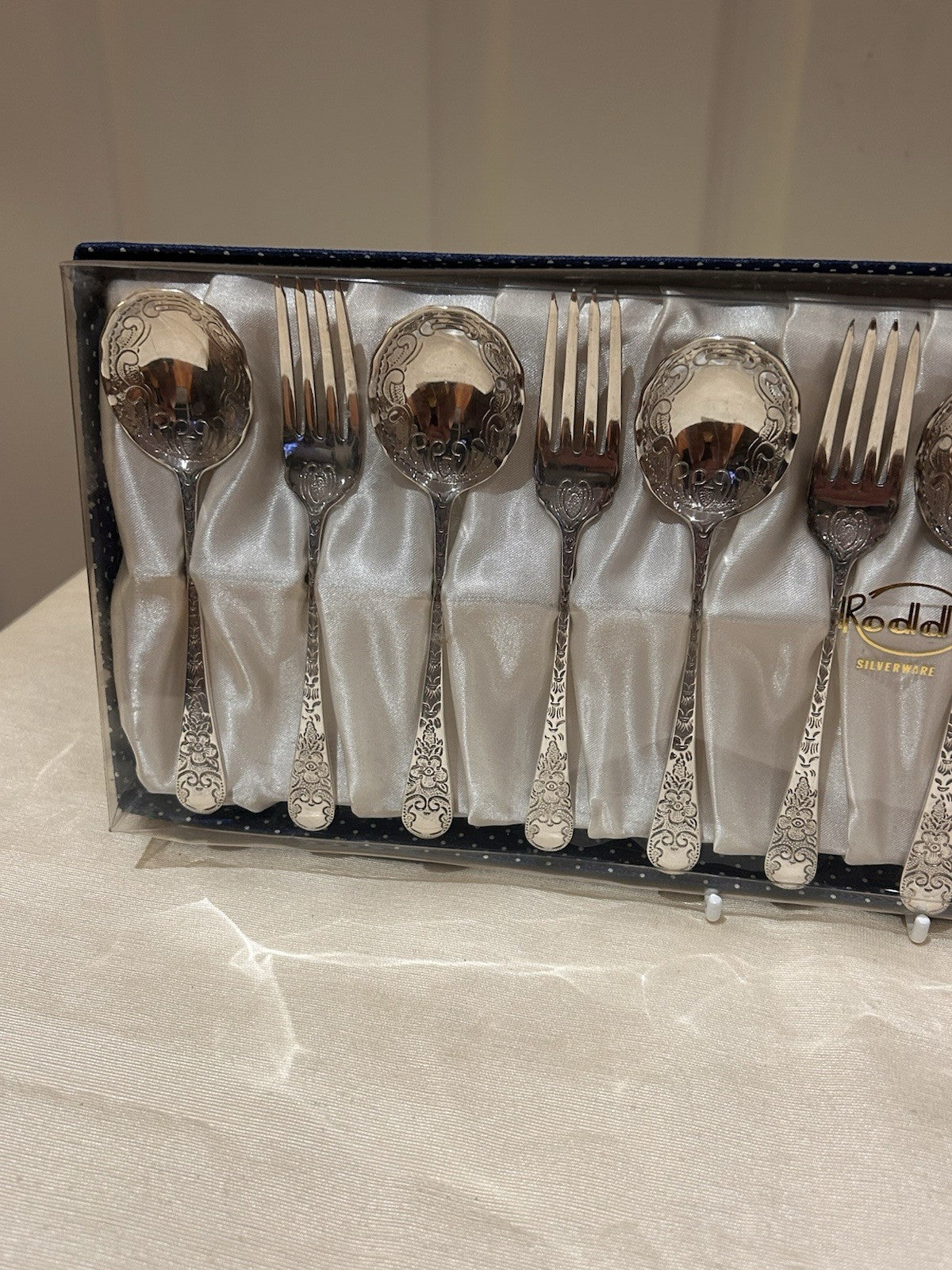 Rodd Silverware Boxed Dessert Set Forks & Spoons Vintage Floral Pattern