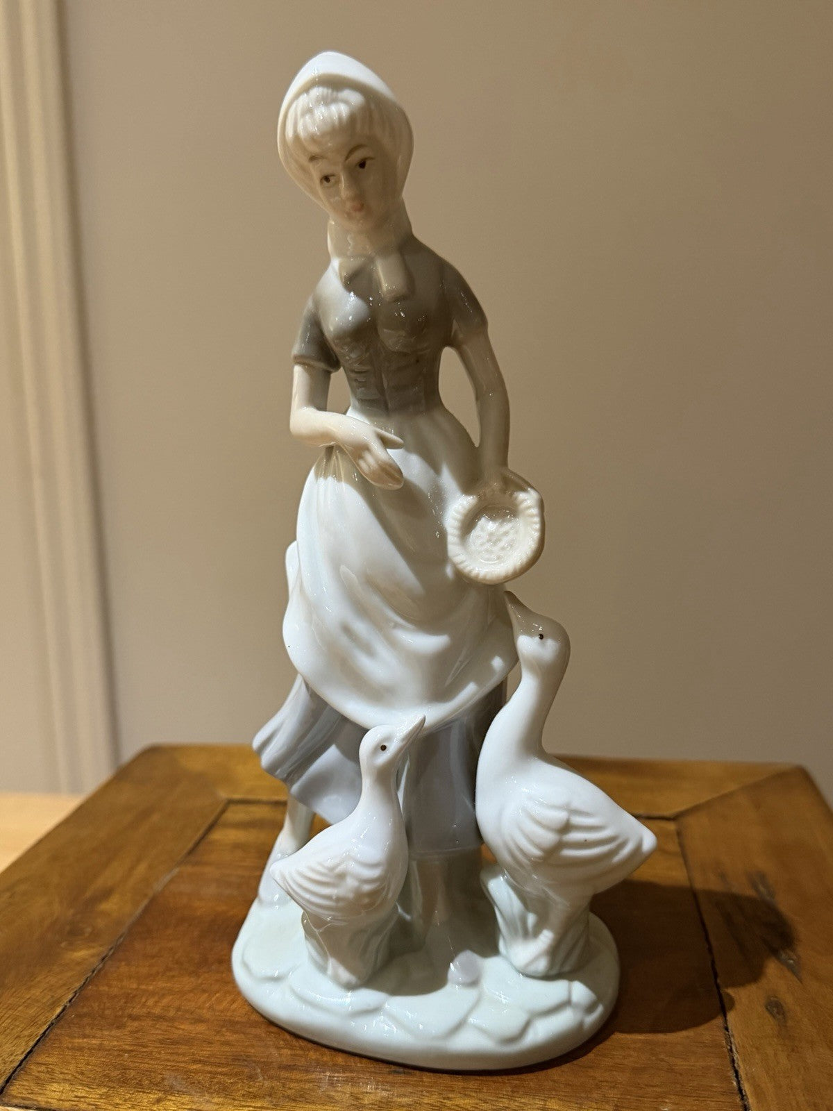 Vintage Porcelain Dutch Girl Feeding Geese Figurine White Blue 20cm