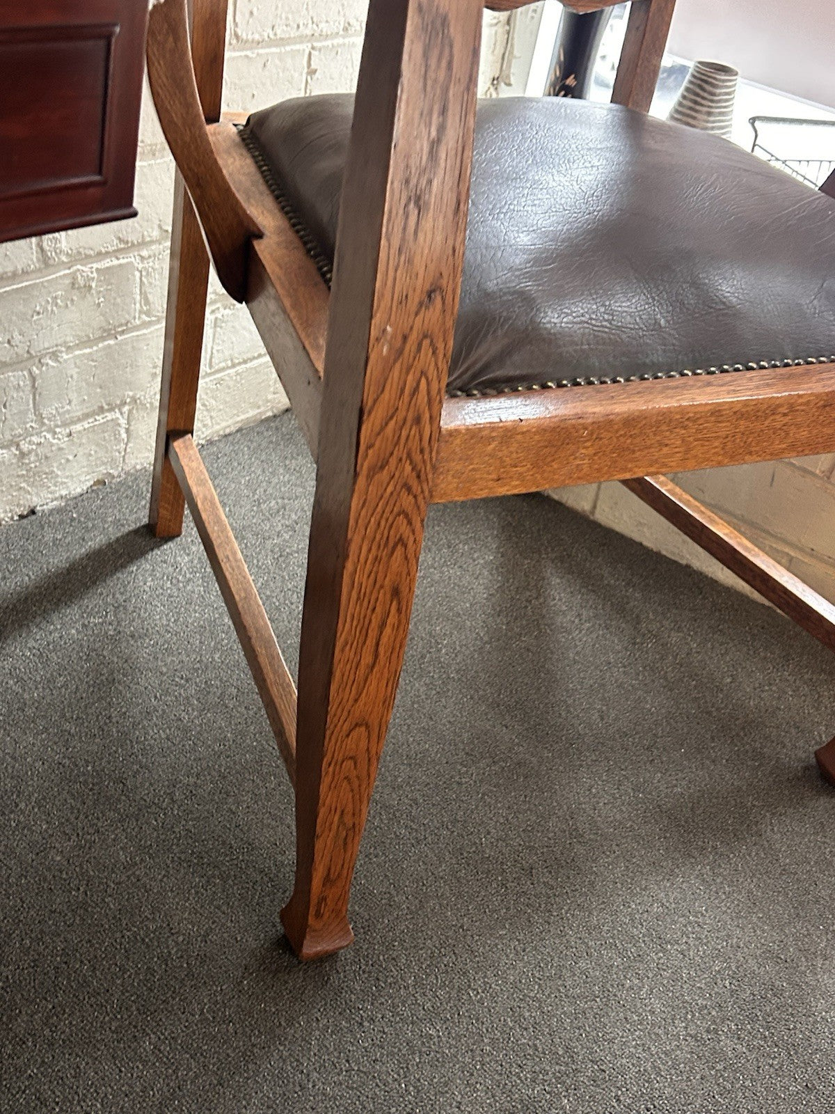 Antique Arts & Crafts Oak Carver Chair Leather Dining Chair c1905
