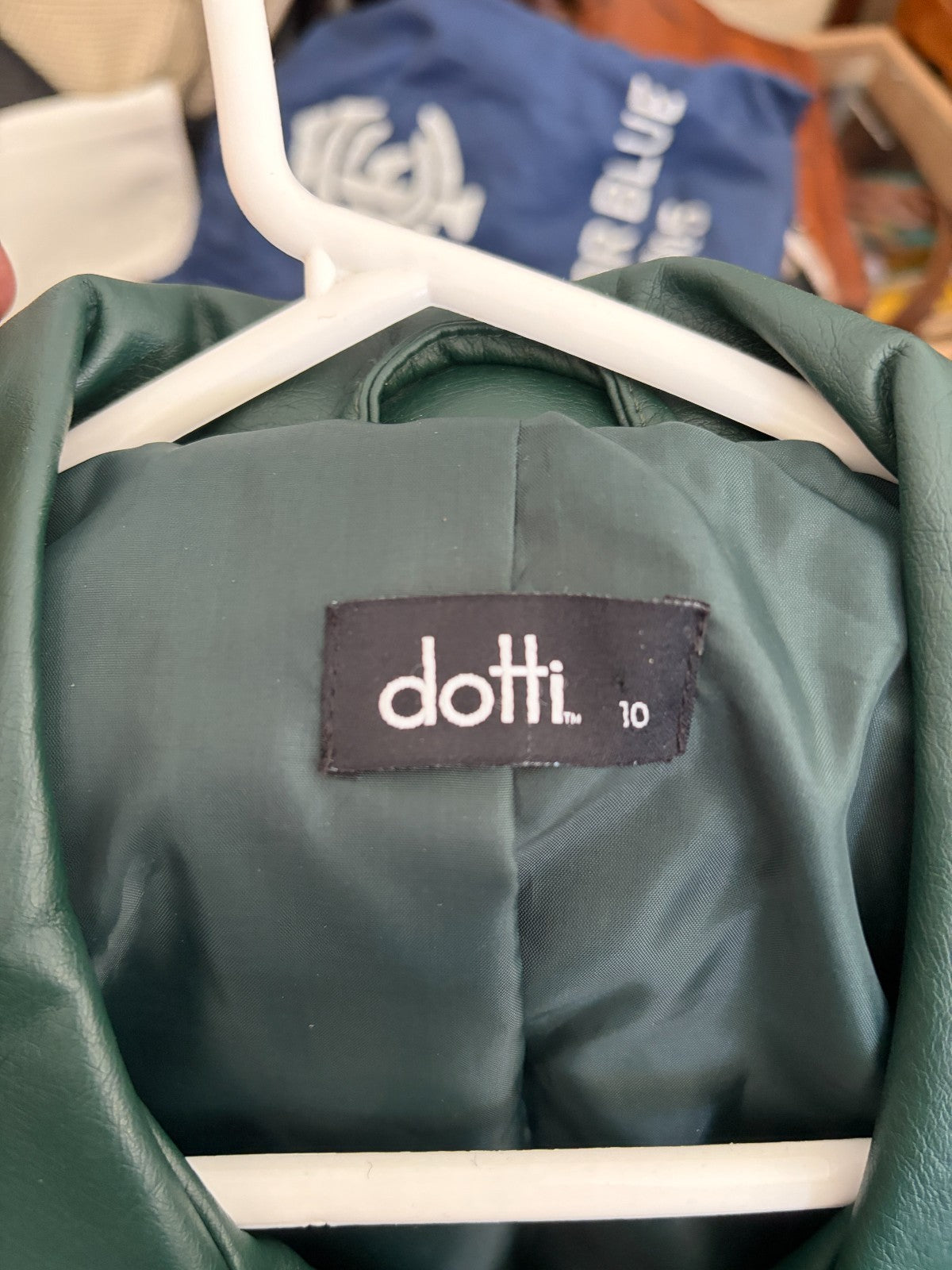 Dotti Womens Forest Green Faux Leather Biker Jacket Size 10 Cropped Zip Up