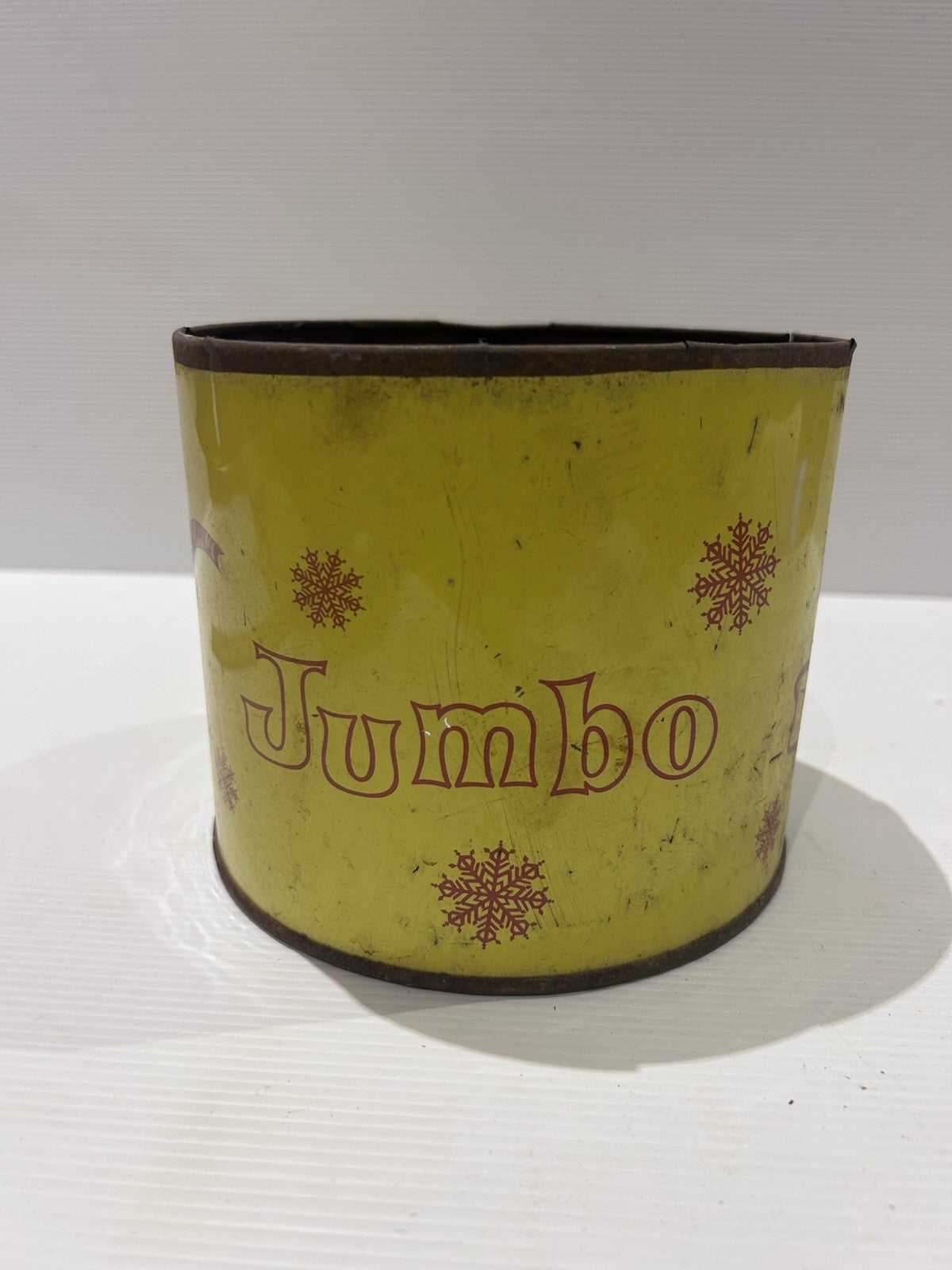 Vintage Jumbo Elephant Tin Yellow Oval Snowflake Biscuit Tin c1950s