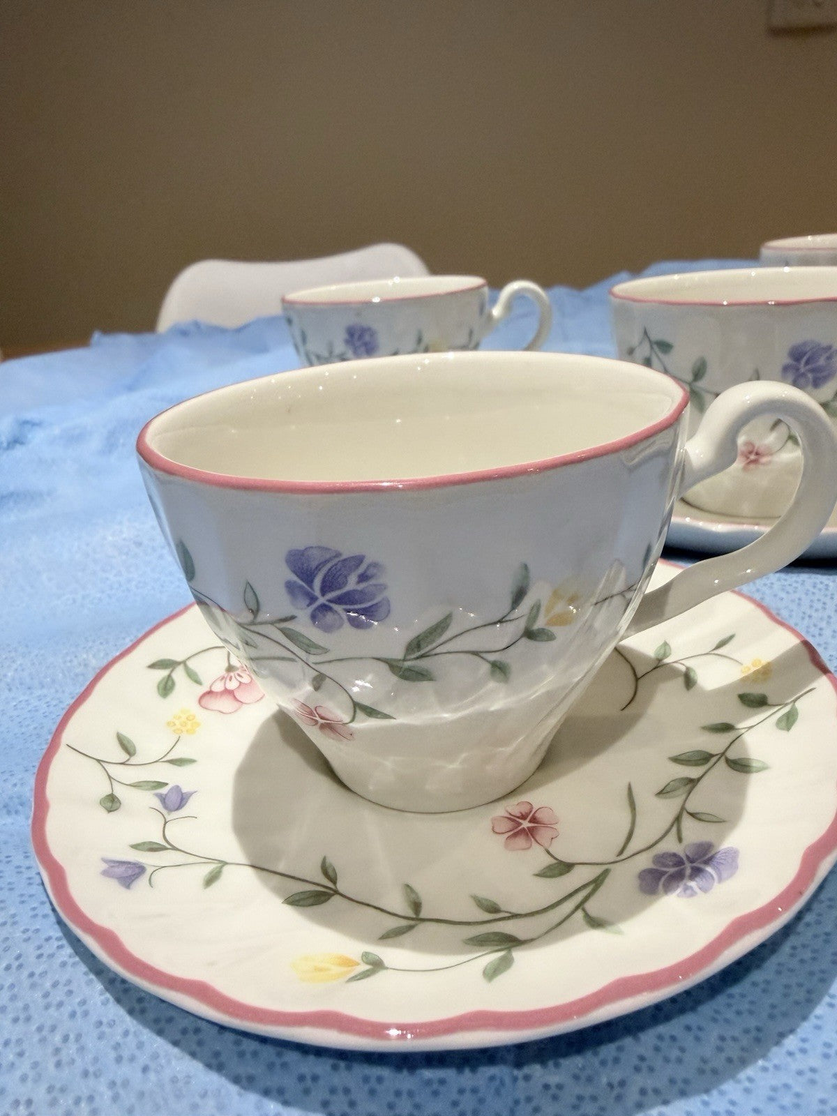 Johnson Brothers Tea Cups Saucers Set 5 Floral Pink Trim England Vintage