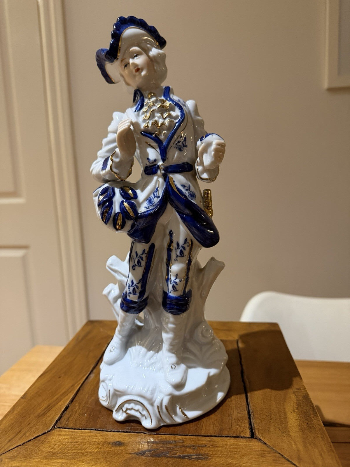Vintage Porcelain Gentleman Figurine Blue White Gold Rococo Style 28cm
