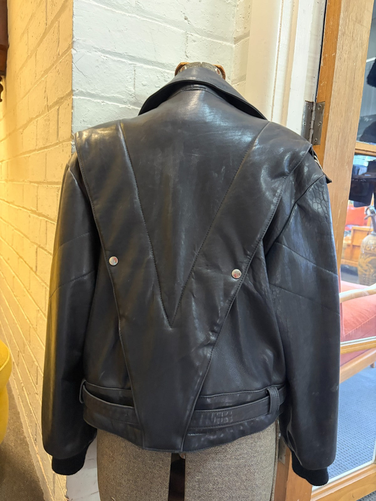 Vintage Black Leather Biker Jacket Belted YKK Zip Quilted 80s 90s