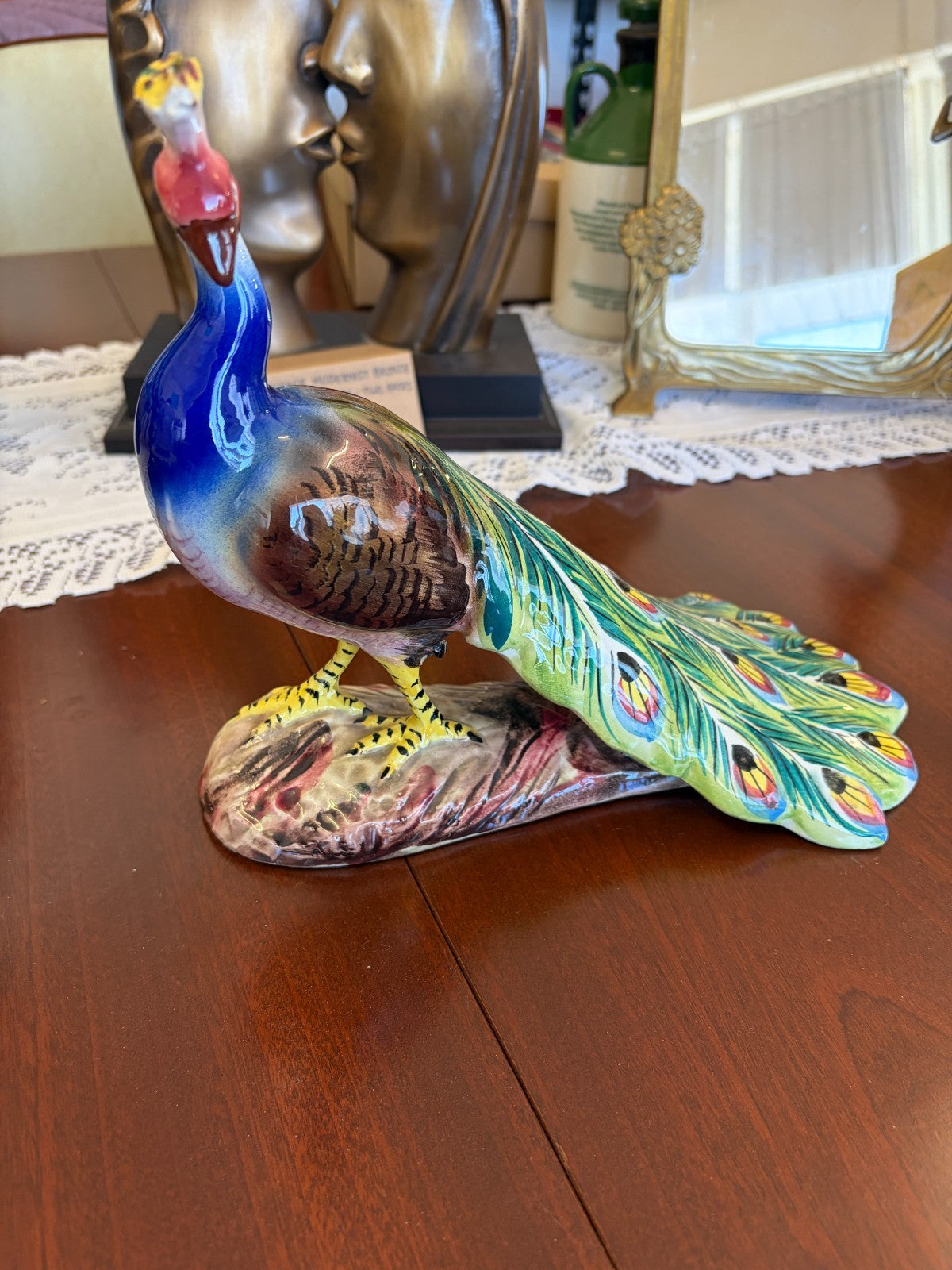 Vintage Italian Ceramic Peacock Figurine Hand Painted Italy 1954 Majolica Style